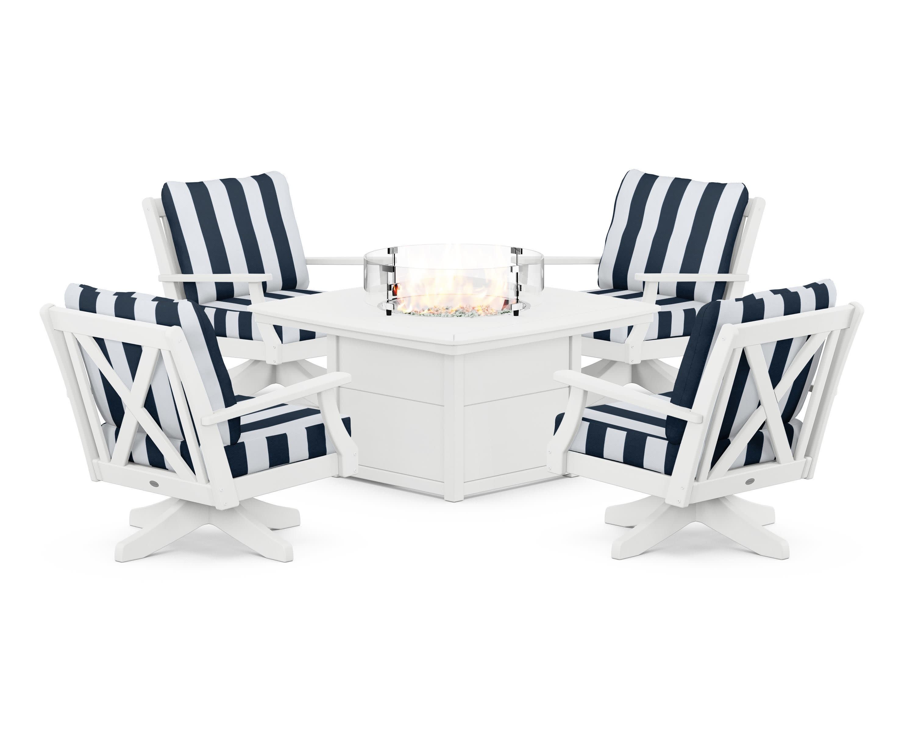 Braxton 5-Piece Deep Seating Swivel Conversation Set with Fire Pit Table in White / Cabana Stripe Marine Indigo