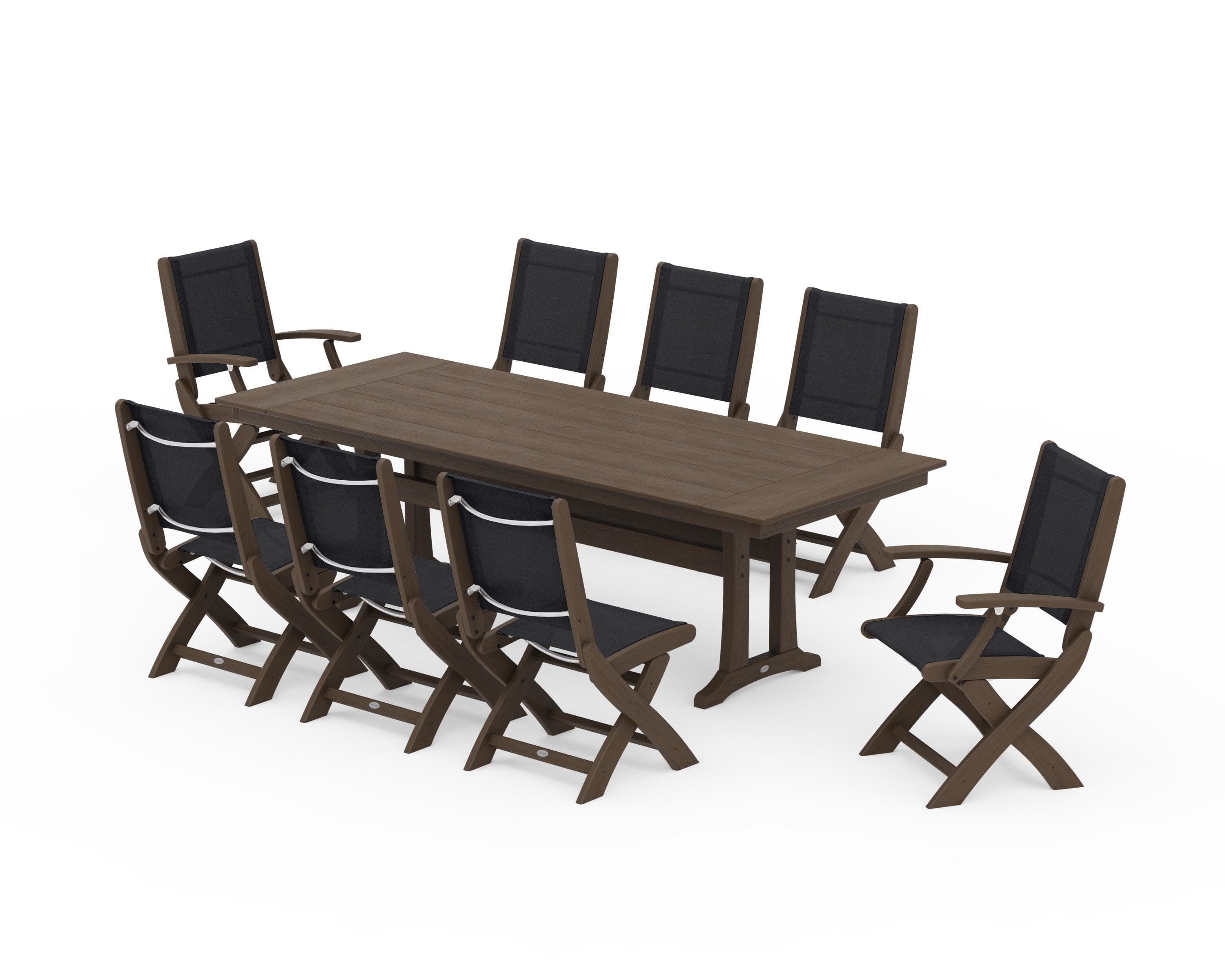 Coastal 9-Piece Folding Dining Chair Farmhouse Dining Set with Trestle Legs in Kona / Black Sling