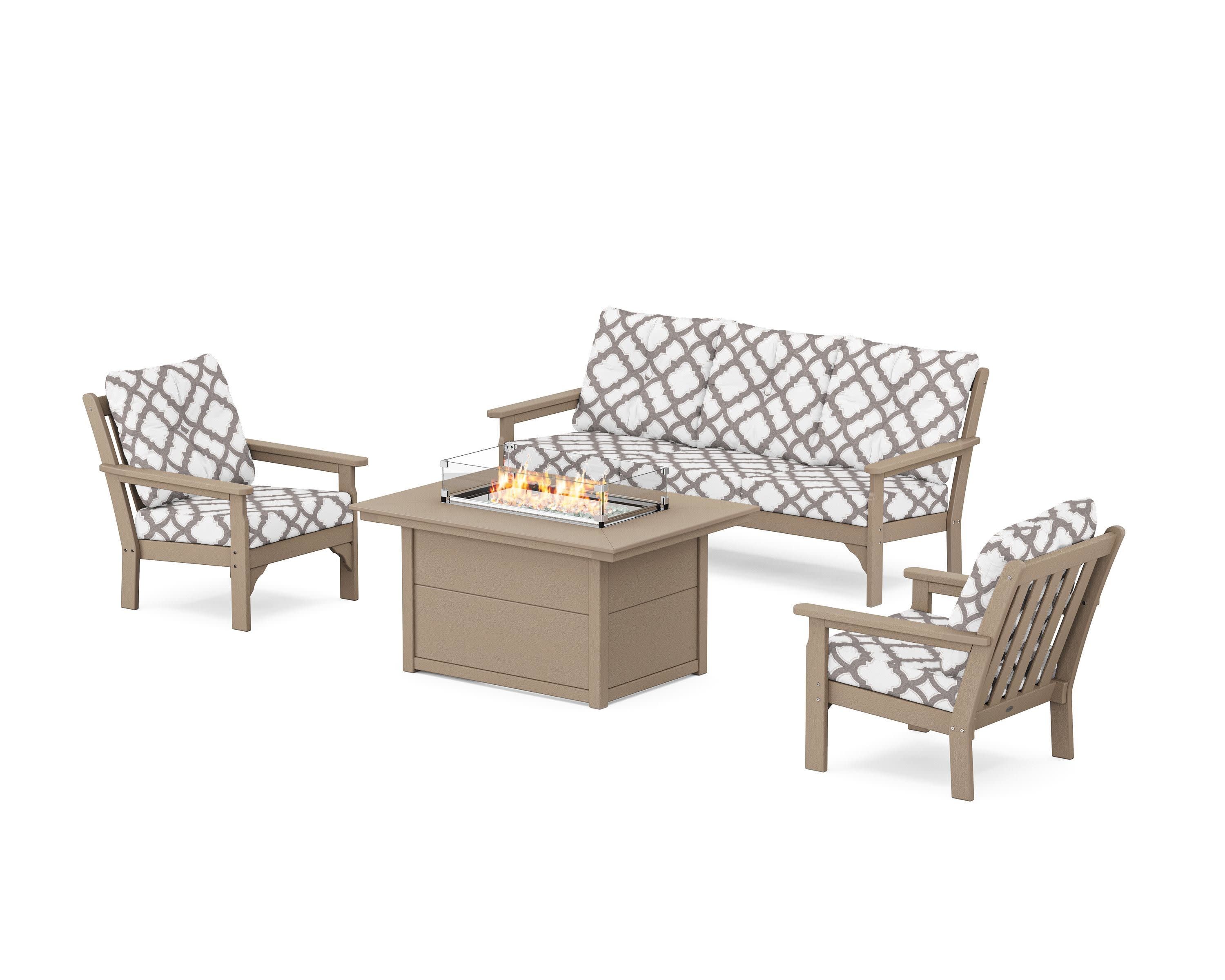 Vineyard Deep Seating Fire Pit Table Set in Vintage Sahara / Trellis Grey Mist