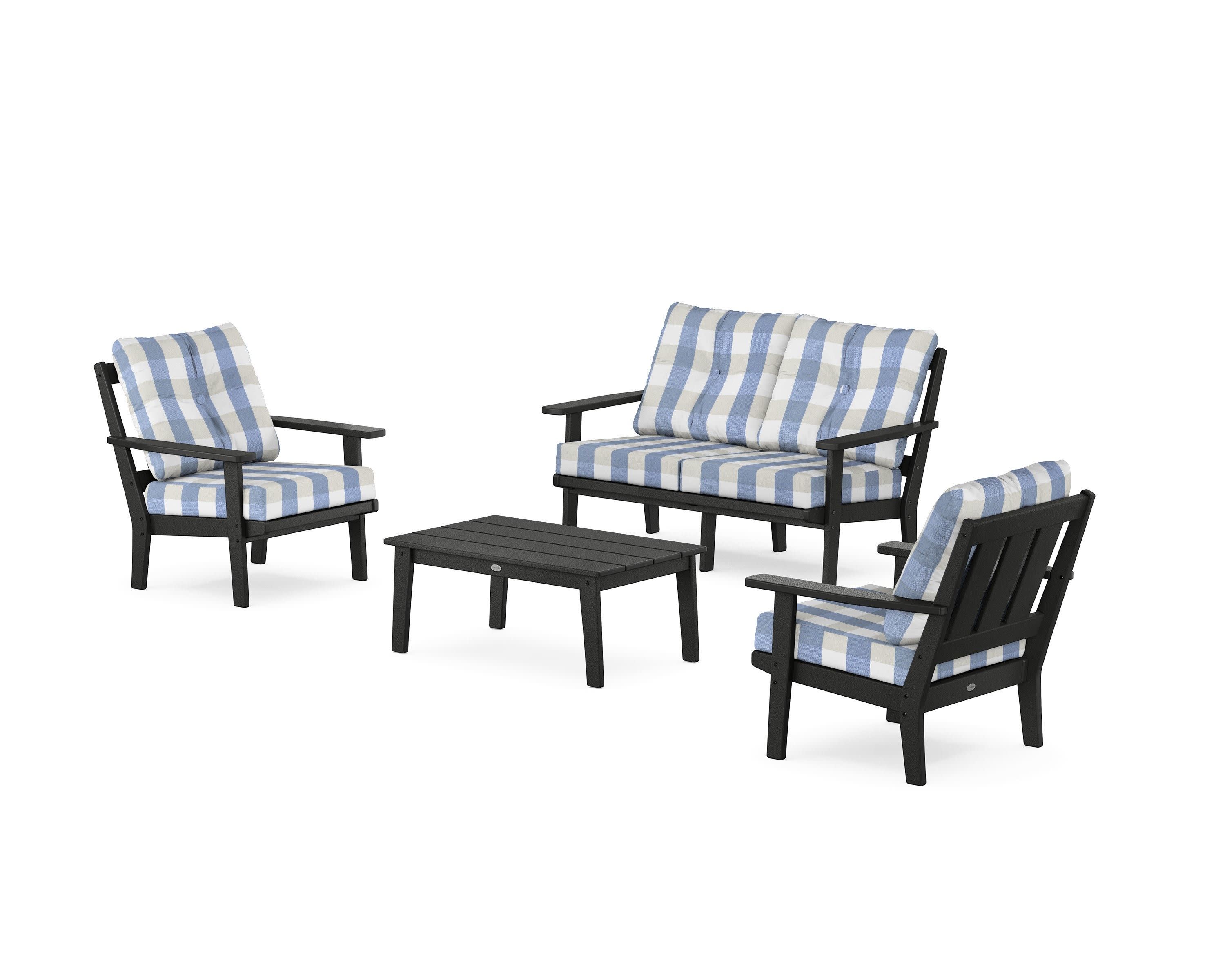 Oxford 4-Piece Deep Seating Set with Loveseat in Black / Buffalo Plaid Sky Blue