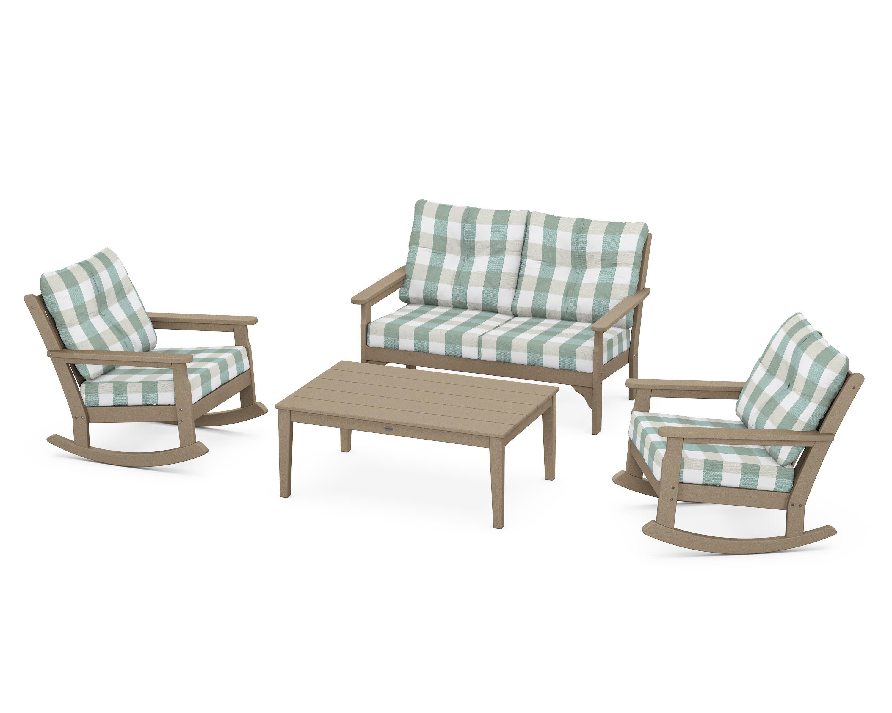 Vineyard 4-Piece Deep Seating Rocking Chair Set in Vintage Sahara / Buffalo Plaid Glacier Spa