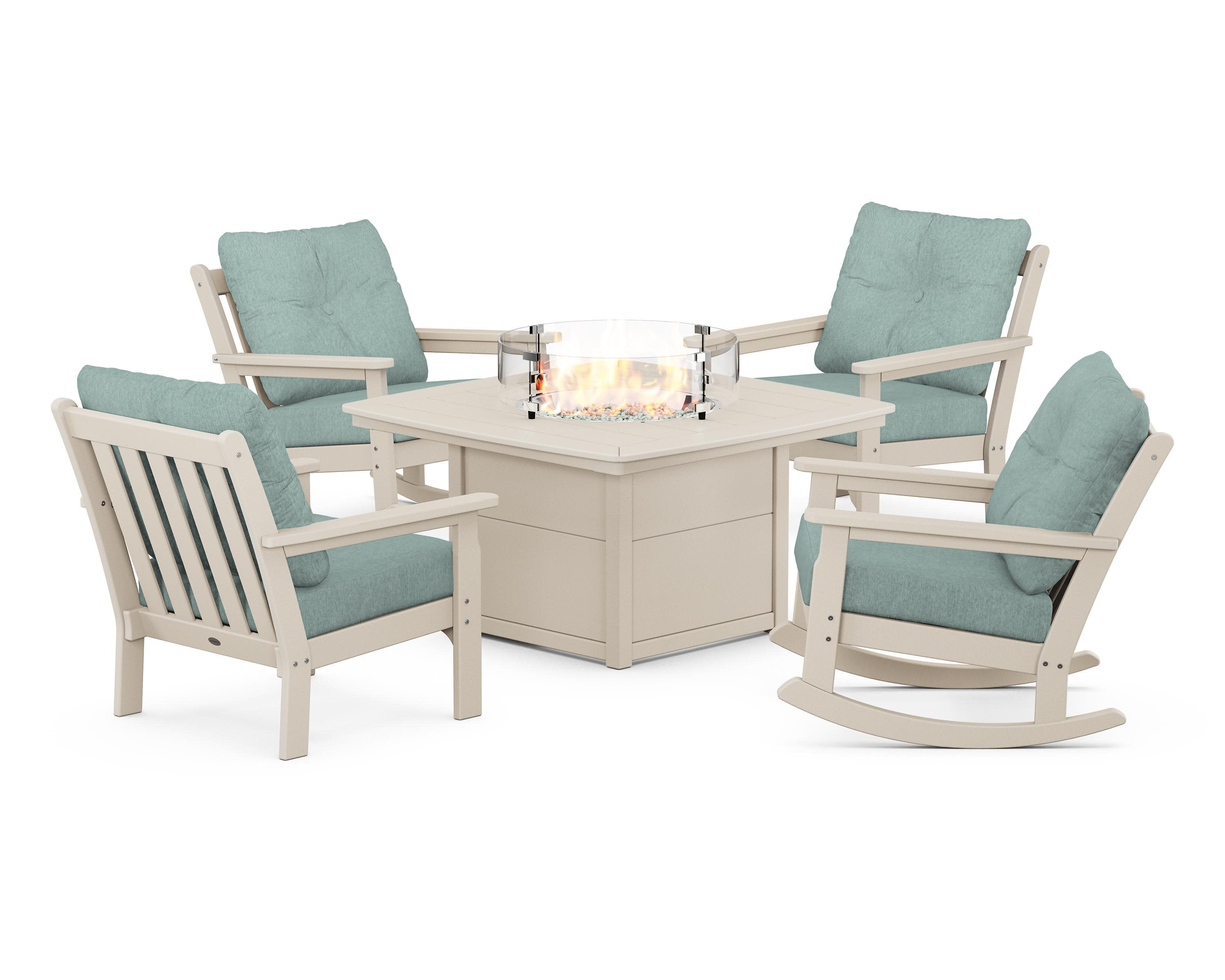 Vineyard 5-Piece Deep Seating Rocking Chair Conversation Set with Fire Pit Table in Sand / Glacier Spa