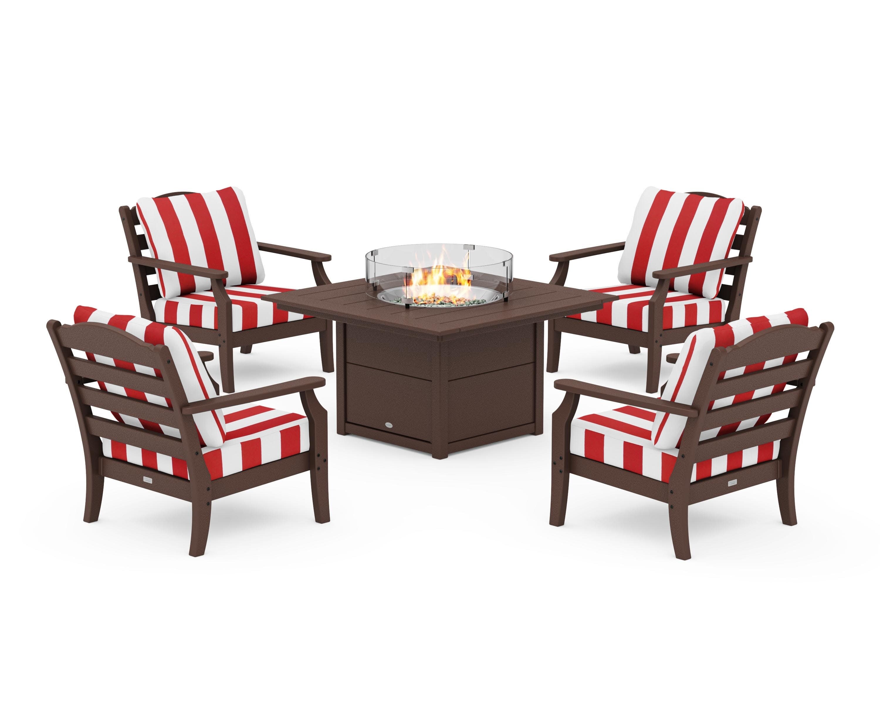 Savannah 5-Piece Deep Seating Set with Fire Pit Table in Mahogany / Cabana Stripe Crimson