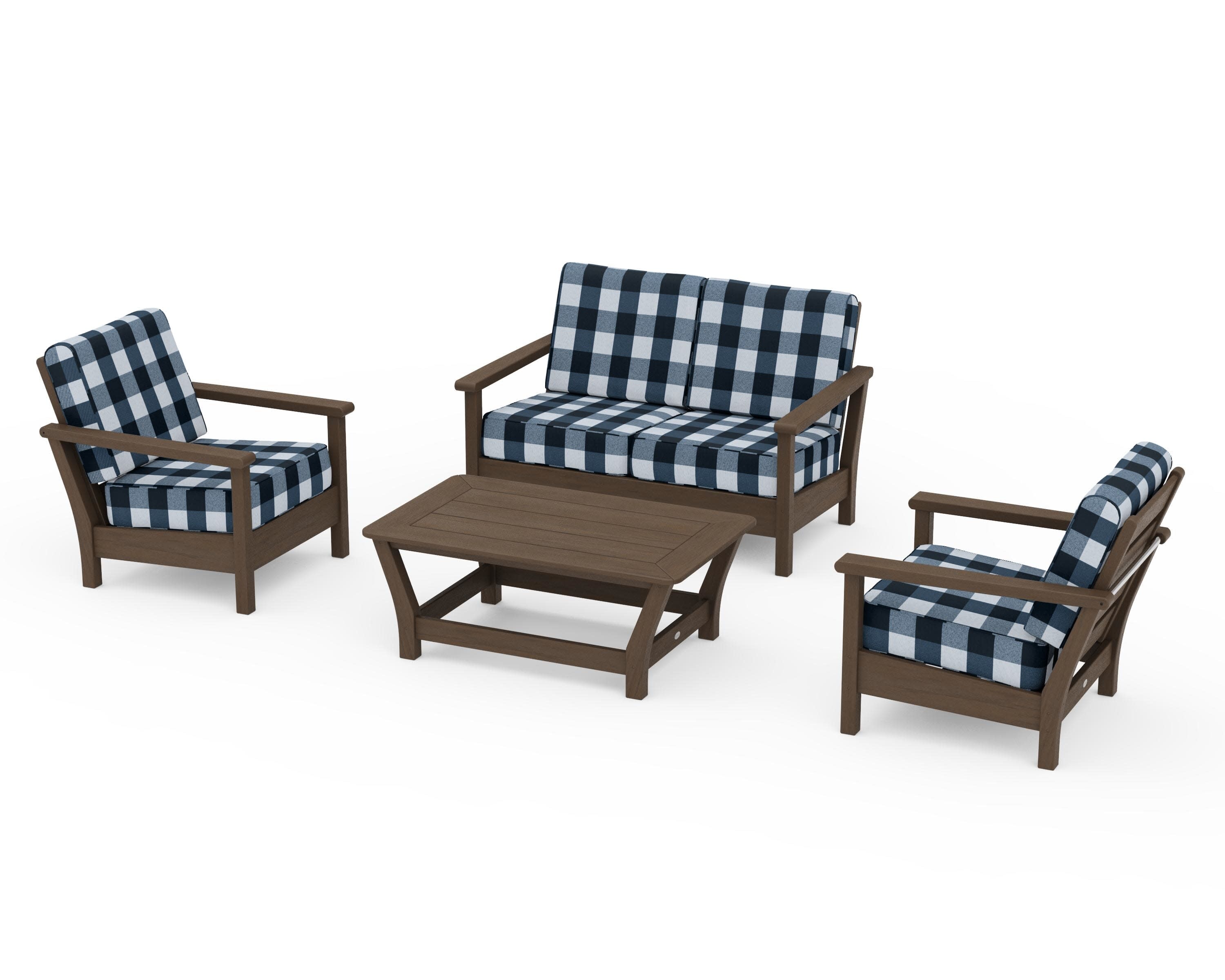 Harbour 4-Piece Deep Seating Set in Kona / Buffalo Plaid Marine Indigo