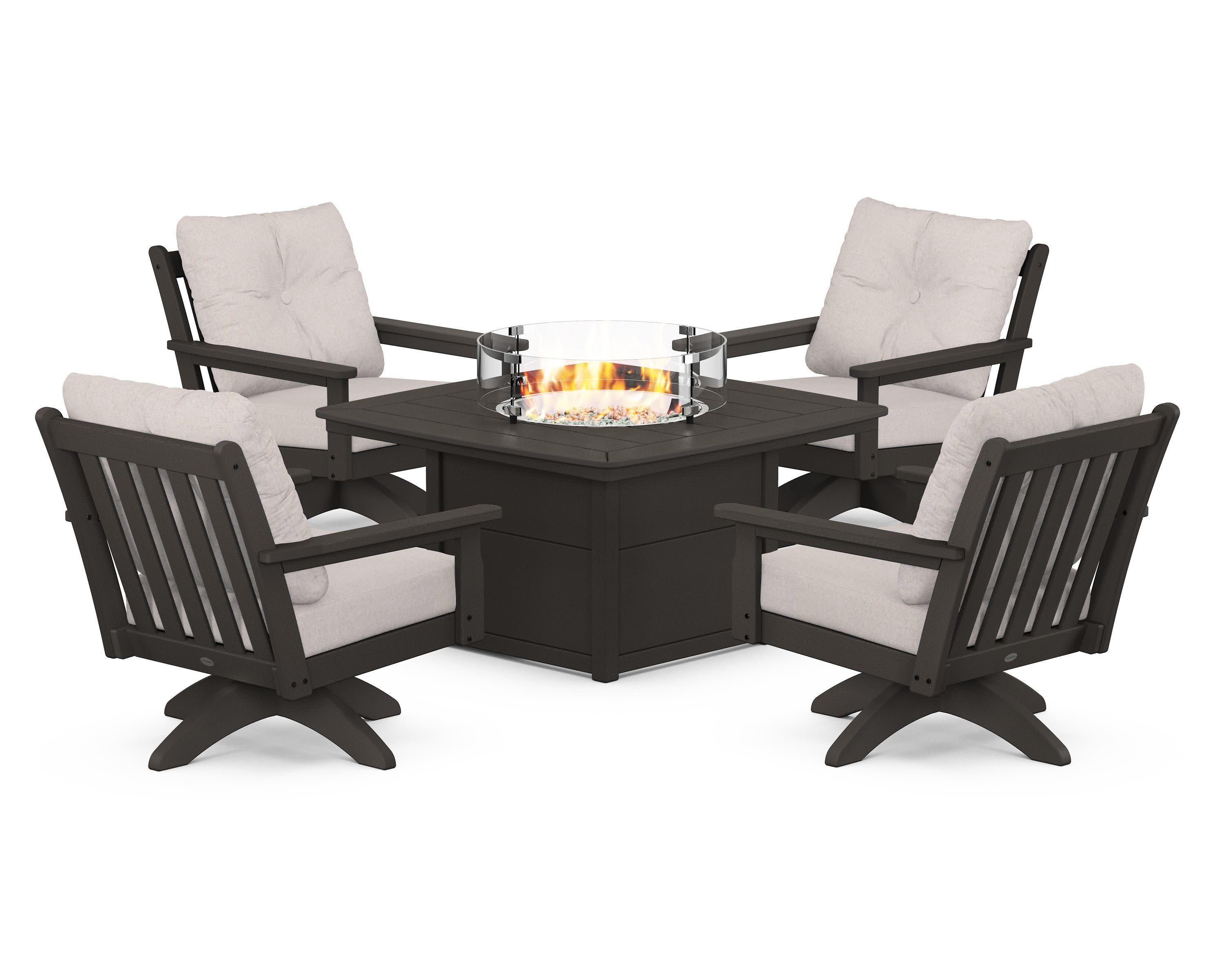 Vineyard 5-Piece Deep Seating Swivel Conversation Set with Fire Pit Table in Vintage Coffee / Dune Burlap