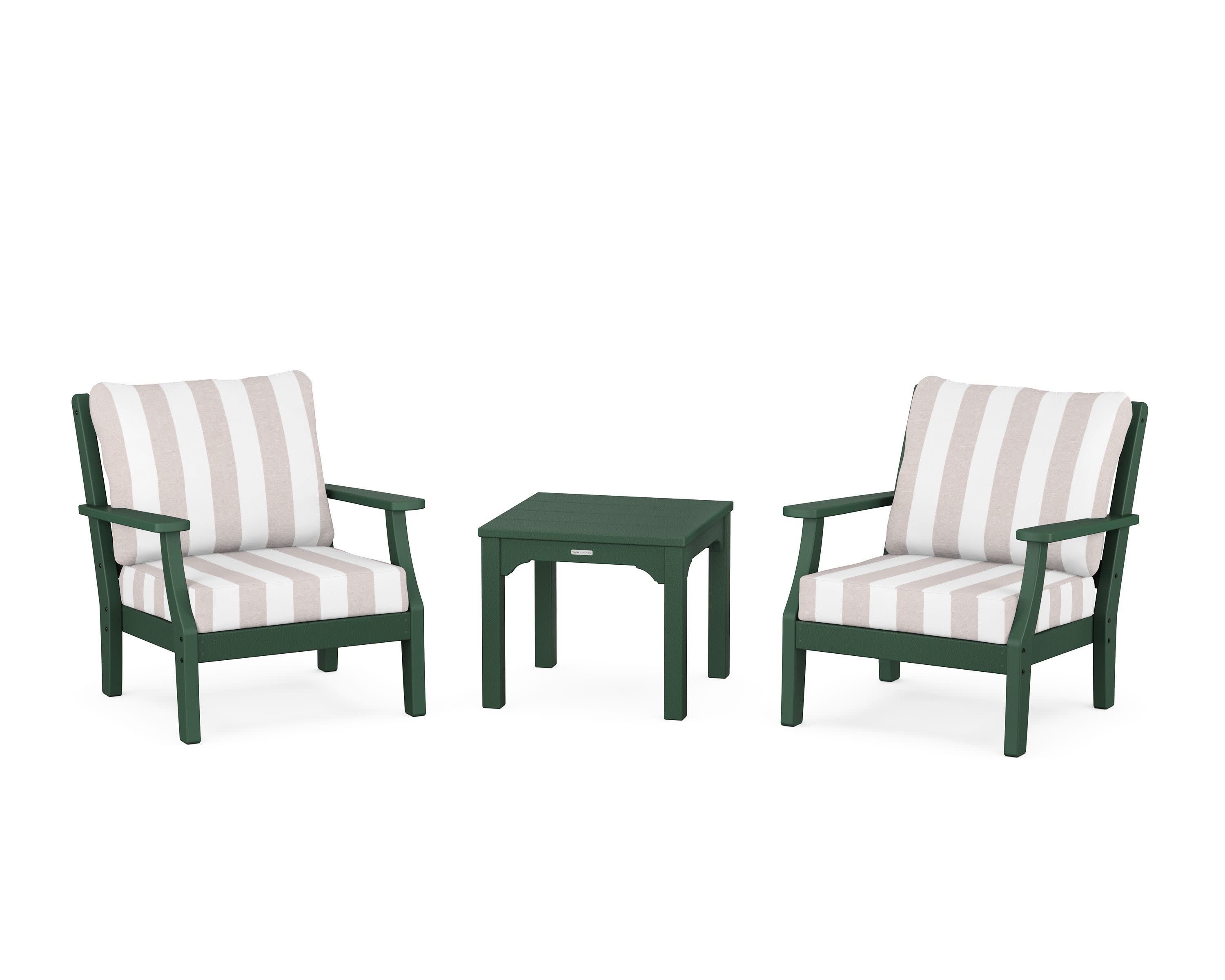 Chinoiserie 3-Piece Deep Seating Set in Green / Cabana Stripe Dune Burlap