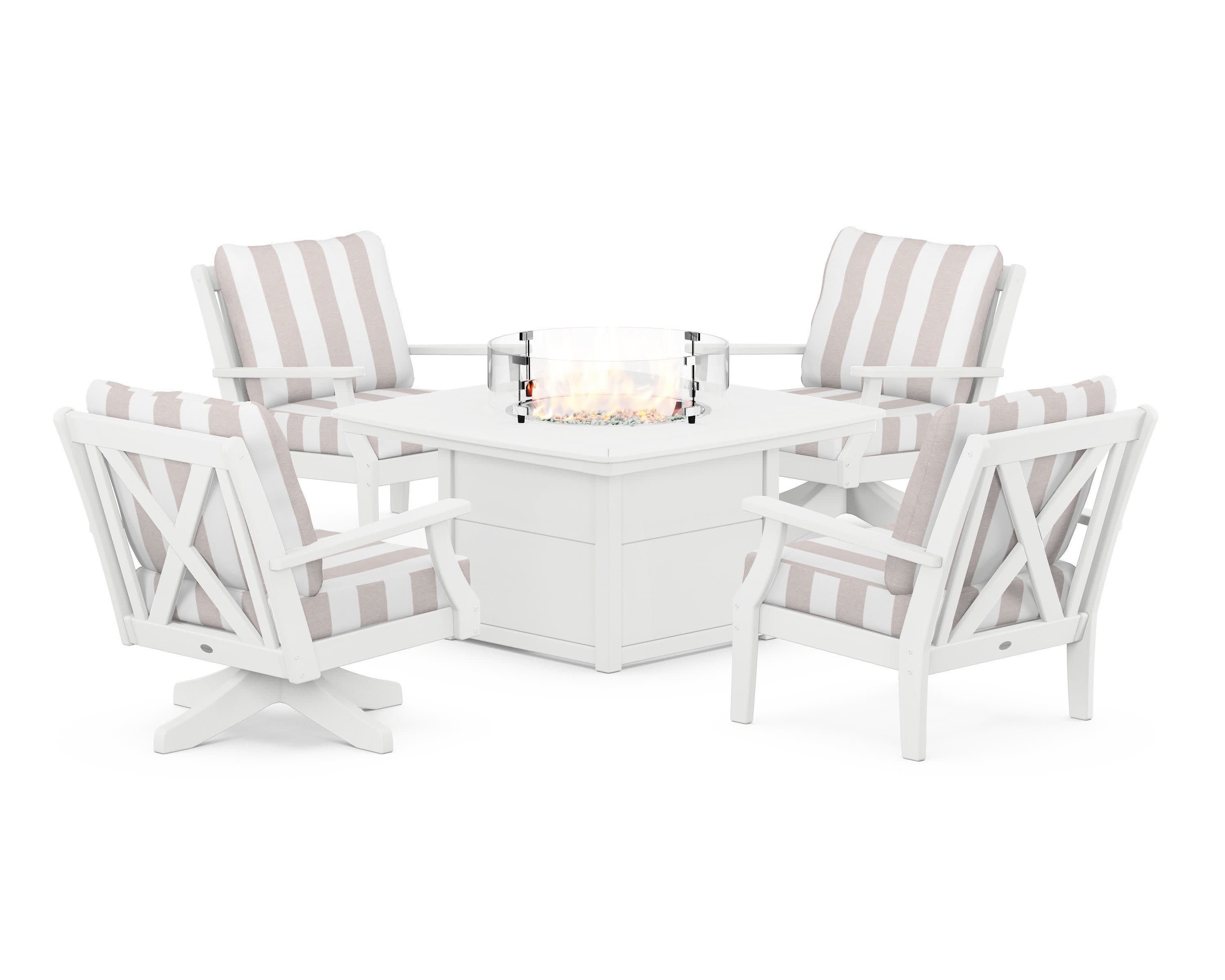 Braxton 5-Piece Deep Seating Set with Fire Table in White / Cabana Stripe Dune Burlap