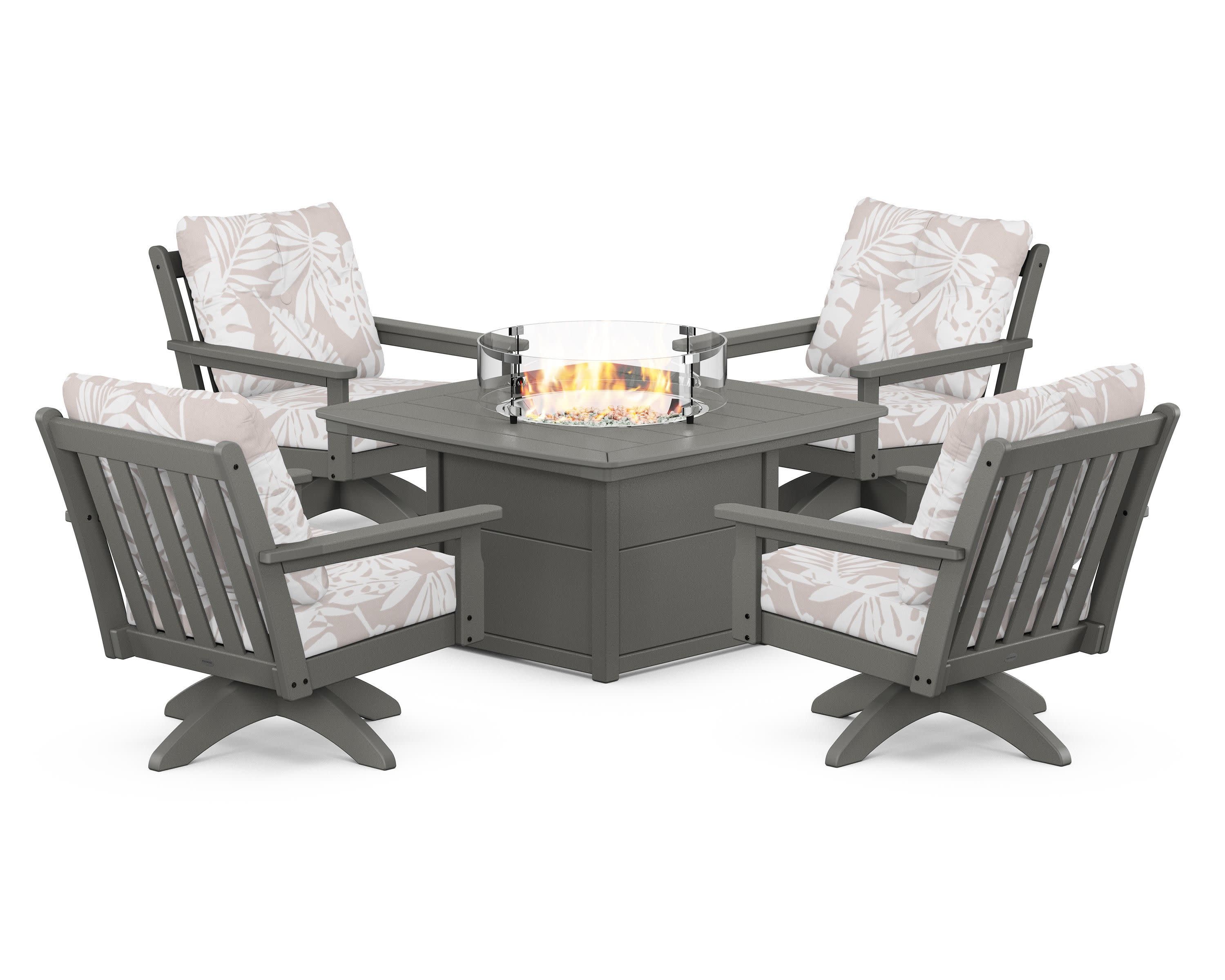 Vineyard 5-Piece Deep Seating Swivel Conversation Set with Fire Pit Table in Slate Grey / Leaf Dune Burlap