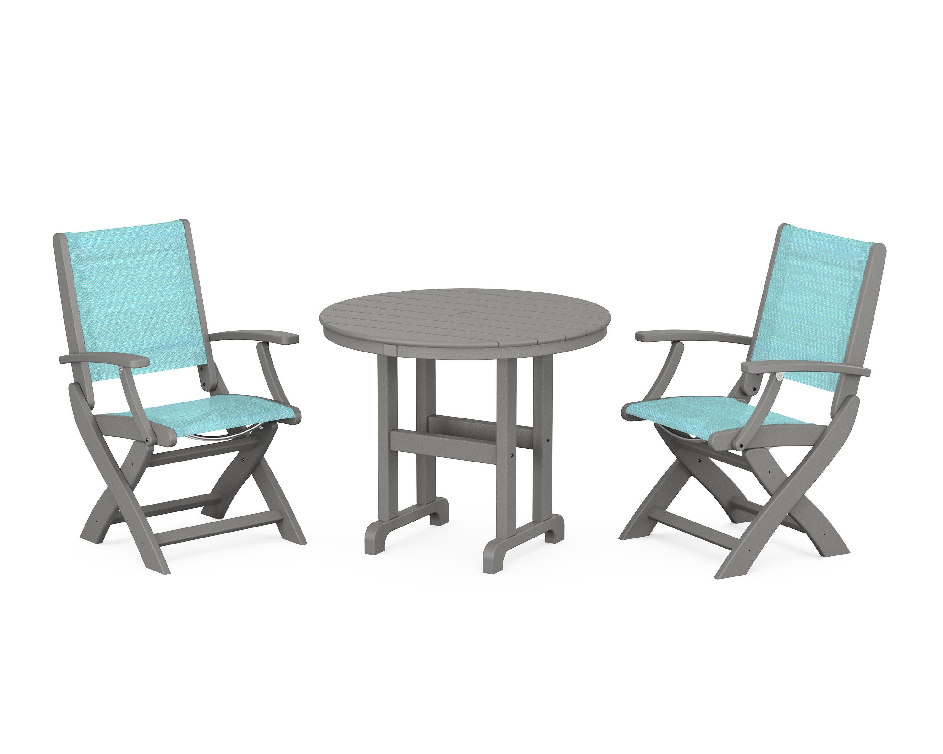 Coastal Folding Chair 3-Piece Round Dining Set in Slate Grey / Dupioni Aquamarine Sling
