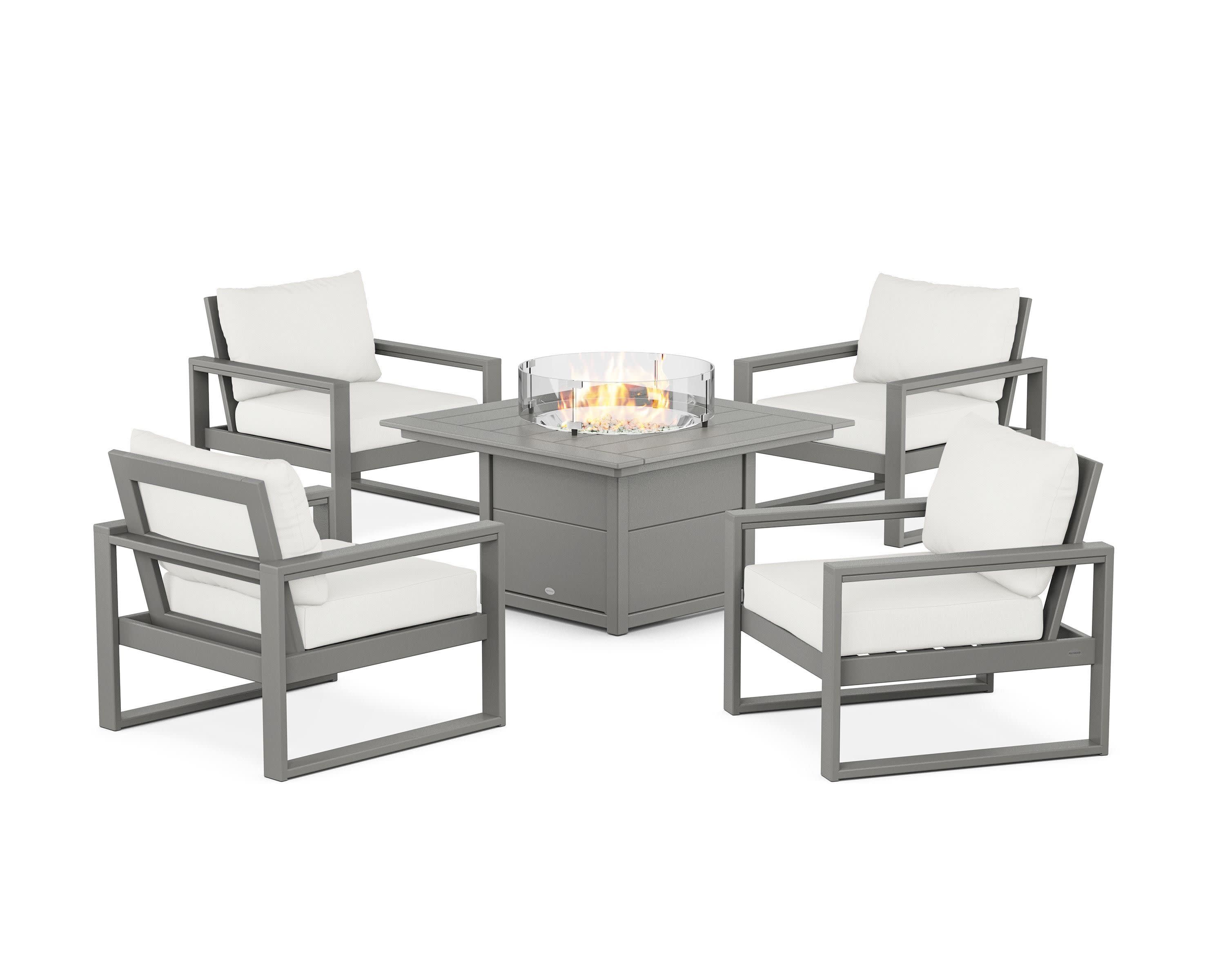 EDGE Sectional 5-Piece Deep Seating Set with Fire Pit Table in Slate Grey / Natural Linen