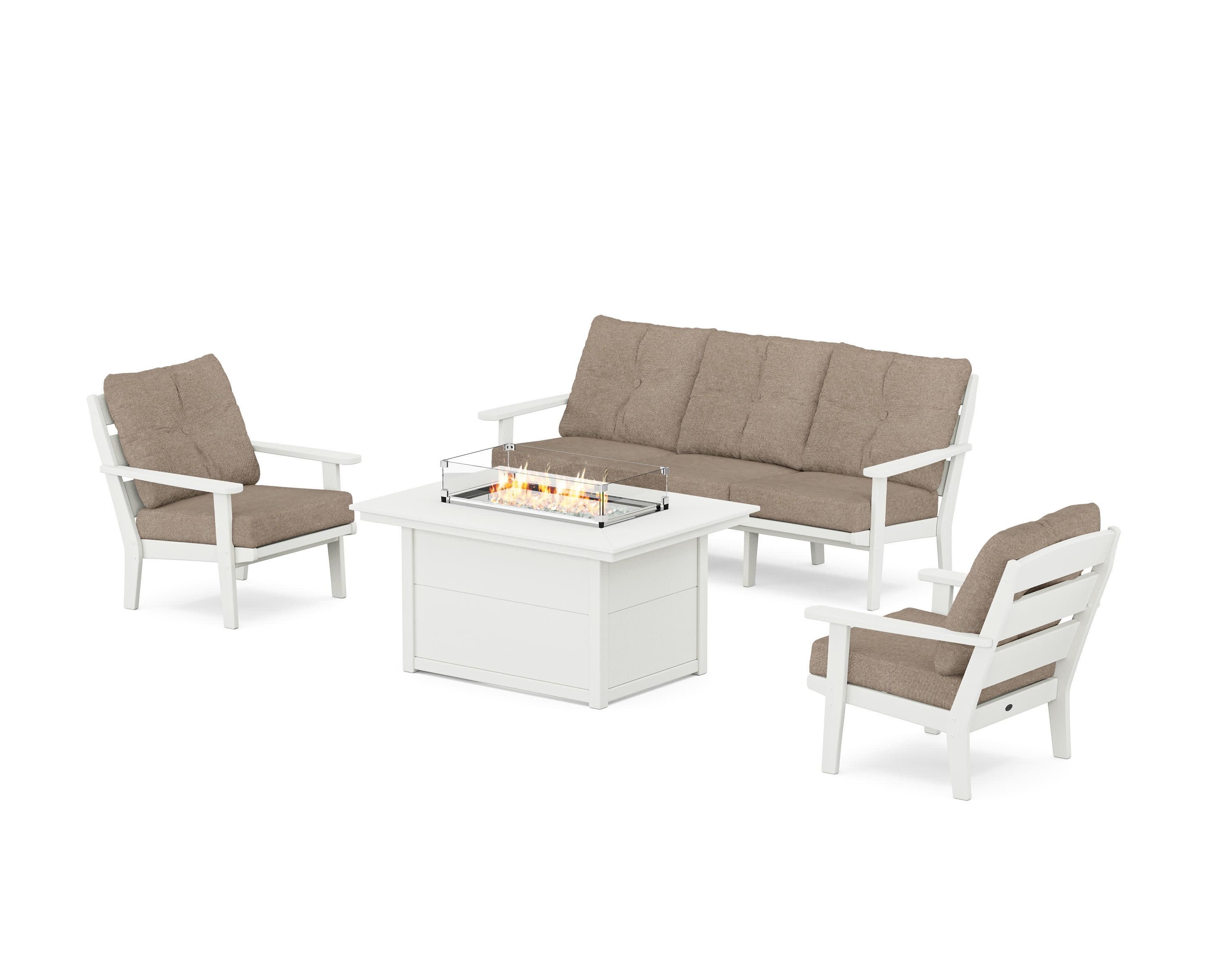 Lakeside Deep Seating Fire Pit Table Set in Vintage White / Spiced Burlap