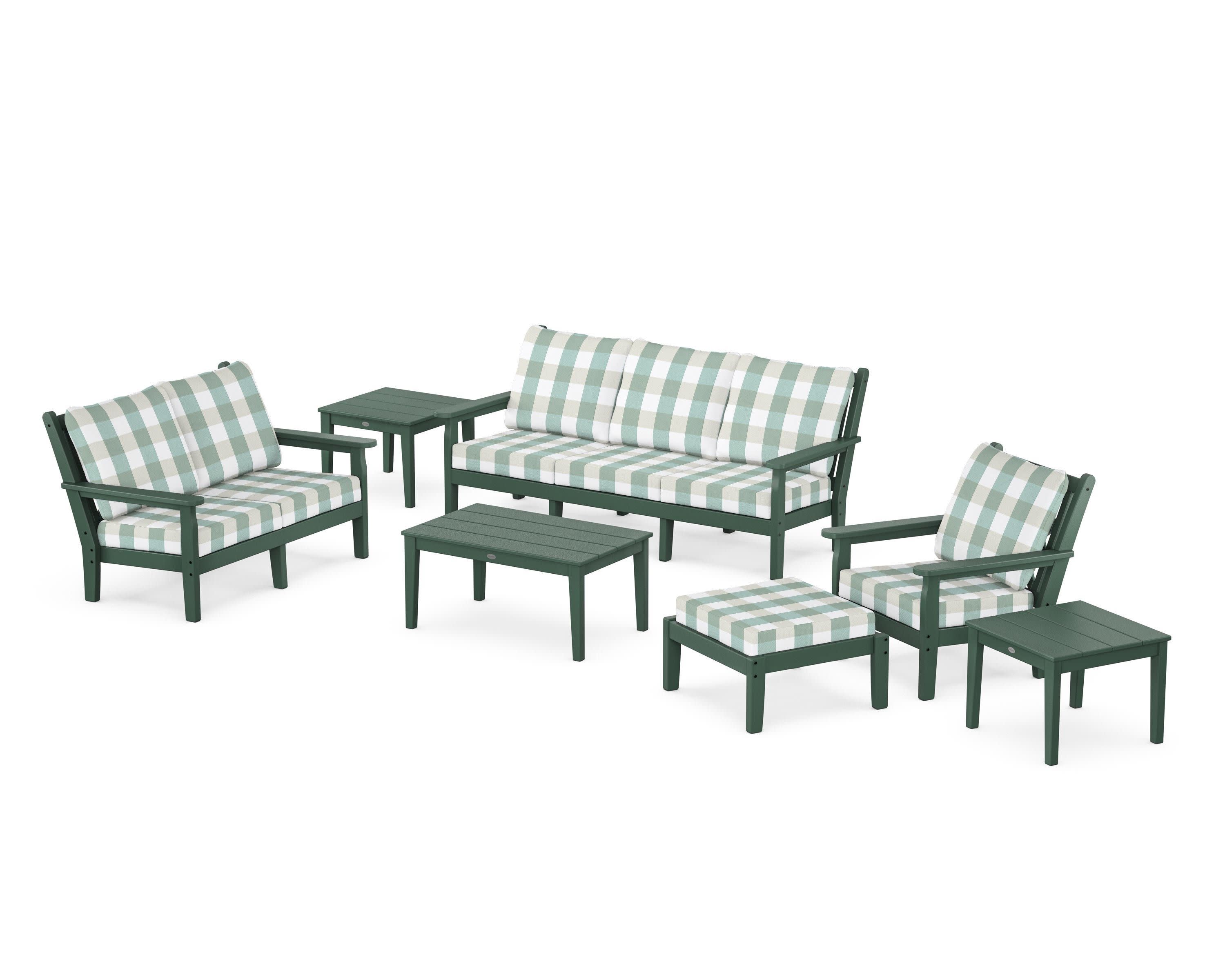 Chippendale 7-Piece Deep Seating Set in Green / Buffalo Plaid Glacier Spa