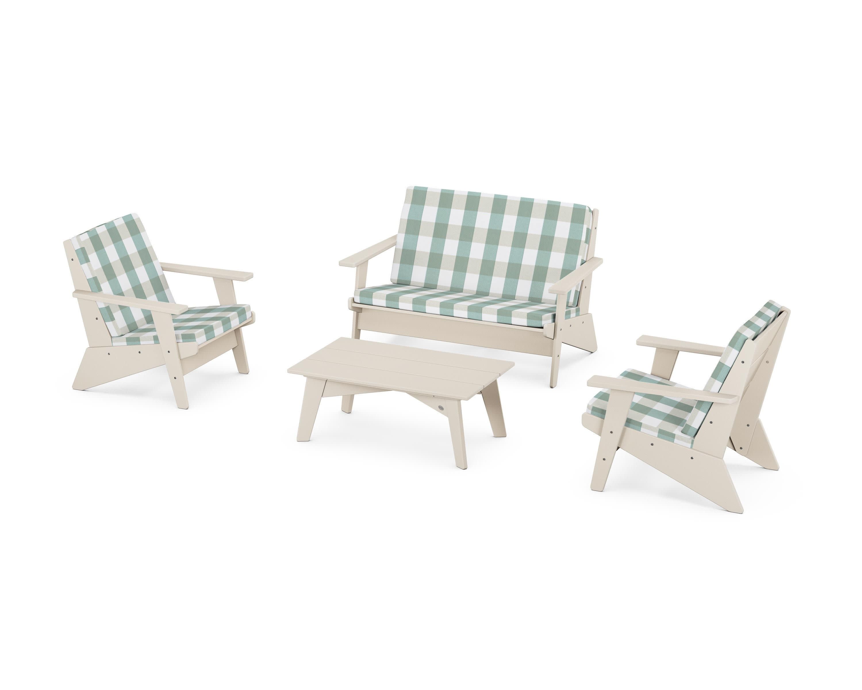 Riviera Modern Lounge 4-Piece Set in Sand / Buffalo Plaid Glacier Spa