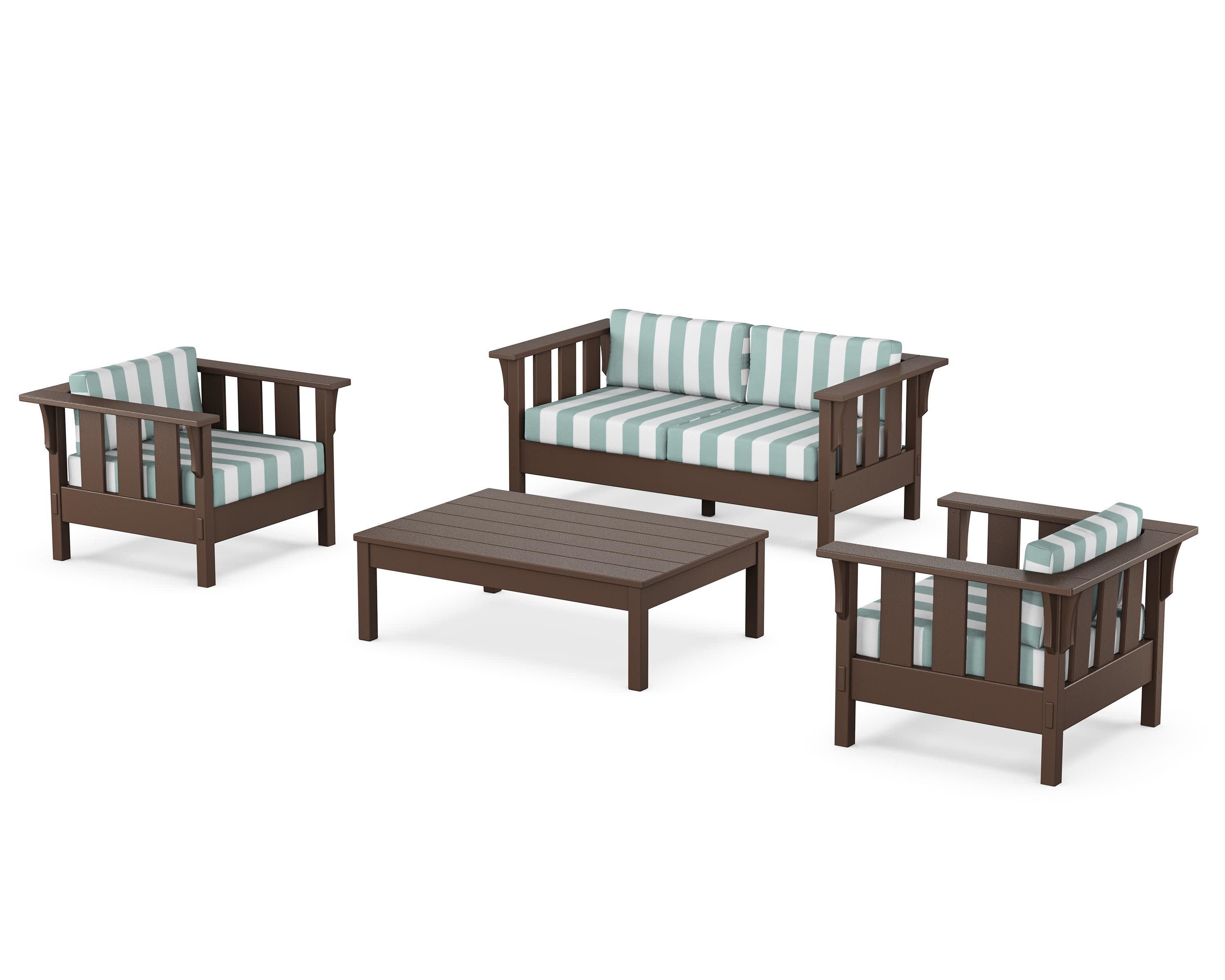 Acadia 4-Piece Deep Seating Set with Loveseat in Mahogany / Cabana Stripe Glacier Spa