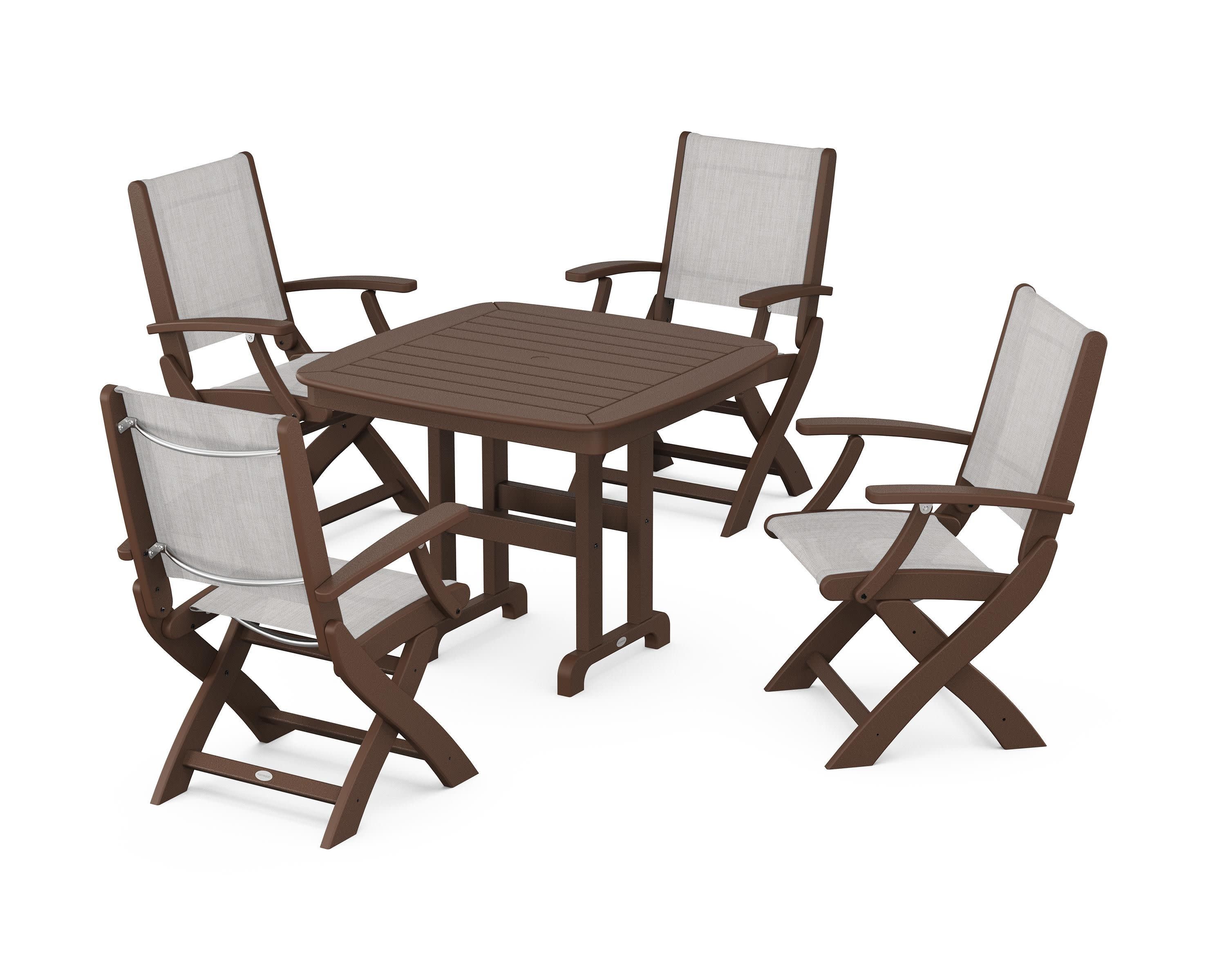 Coastal Folding Chair 5-Piece Dining Set in Mahogany / Parchment Sling