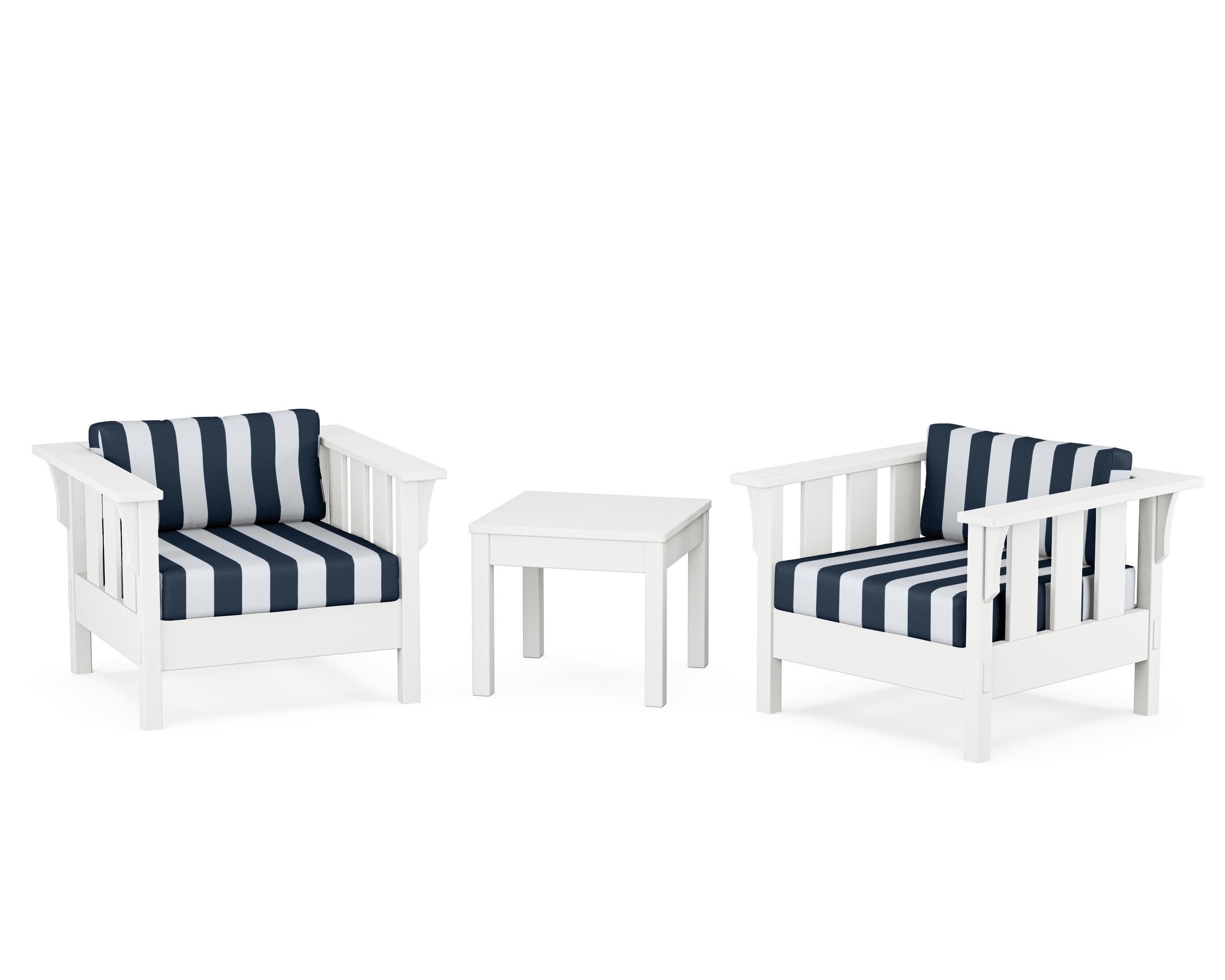 Acadia 3-Piece Deep Seating Set in White / Cabana Stripe Marine Indigo