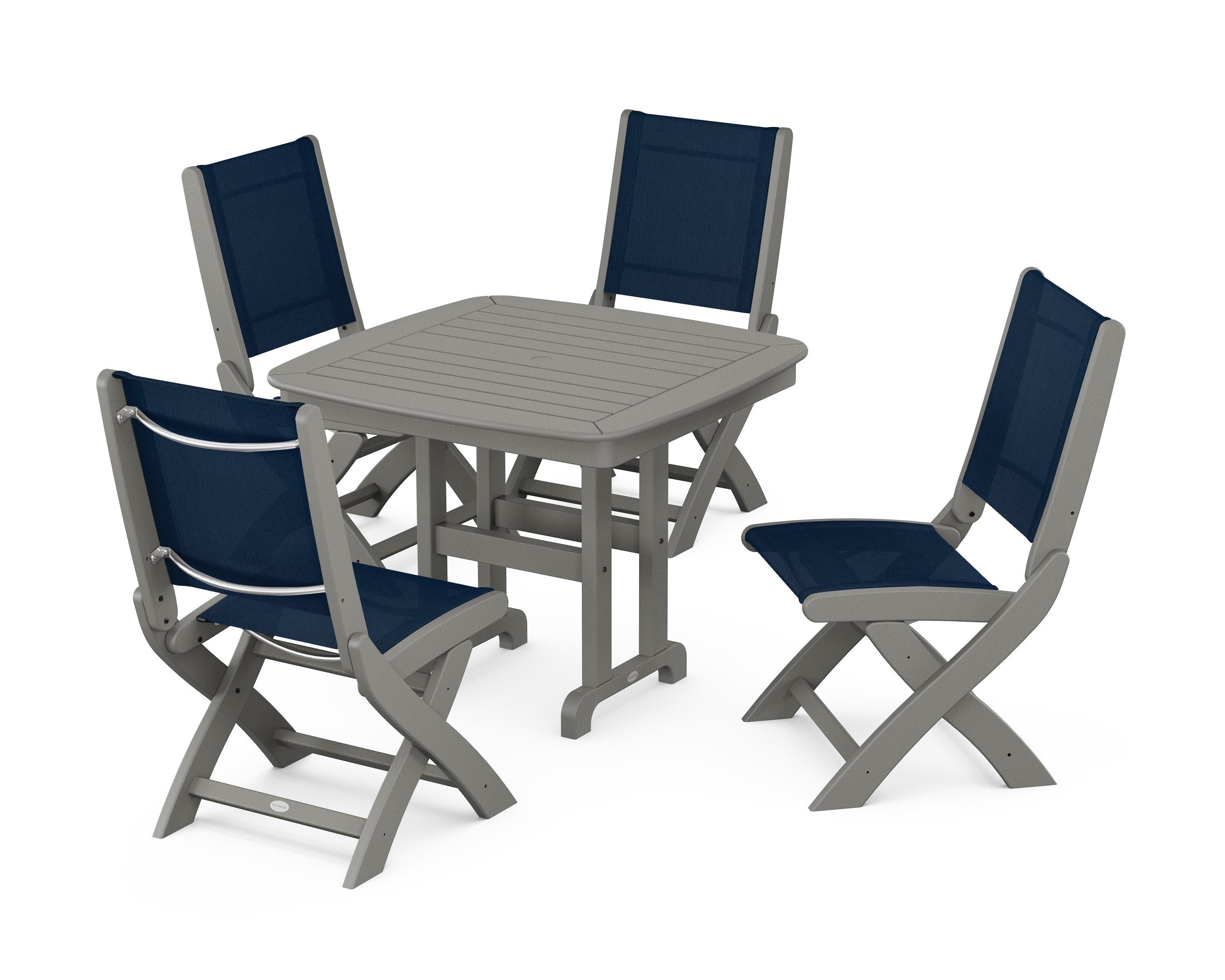 Coastal Folding Side Chair 5-Piece Dining Set in Slate Grey / Navy Blue Sling