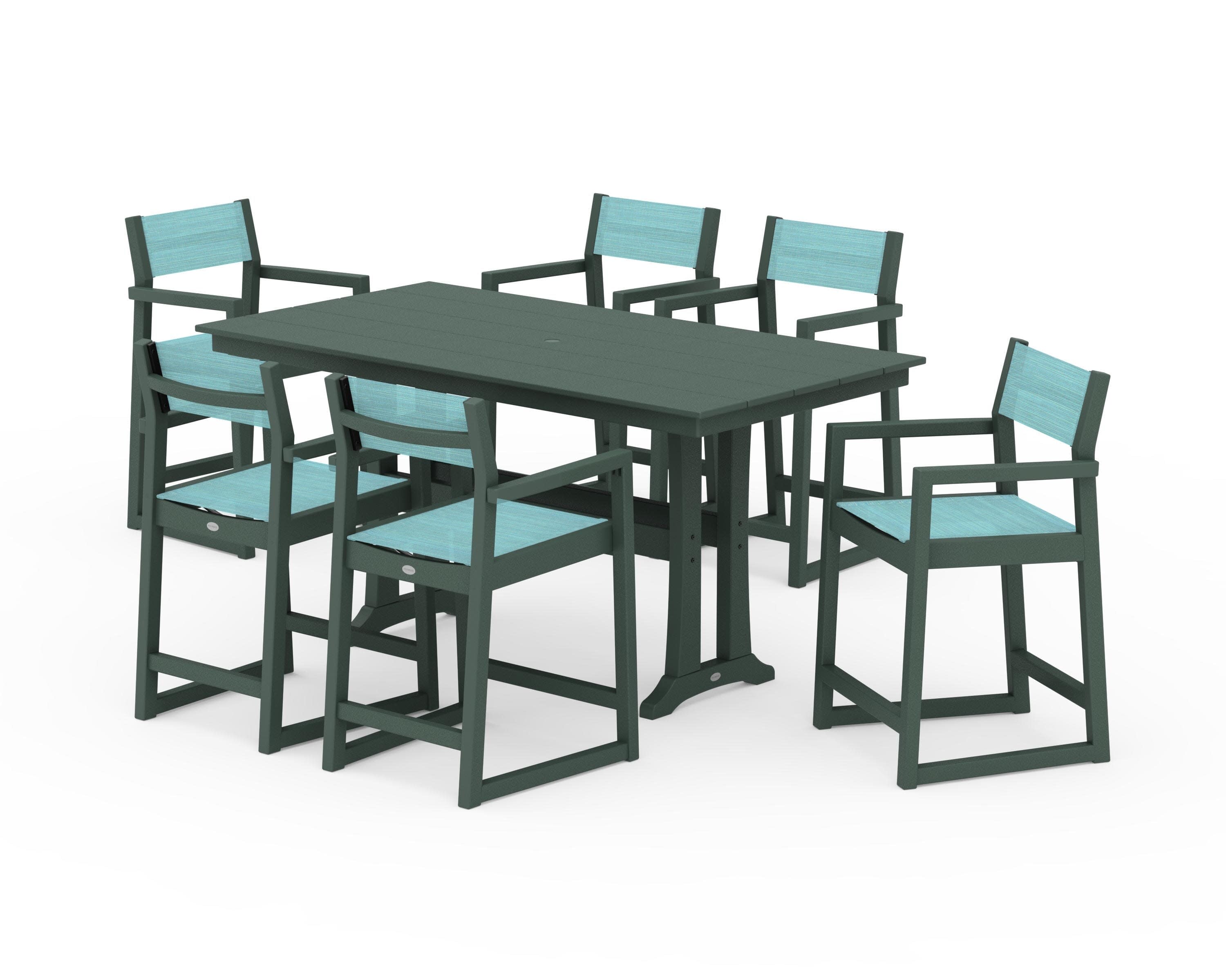 EDGE Sling Arm Chair 7-Piece Farmhouse Counter Set with Trestle Legs in Green / Dupioni Aquamarine Sling
