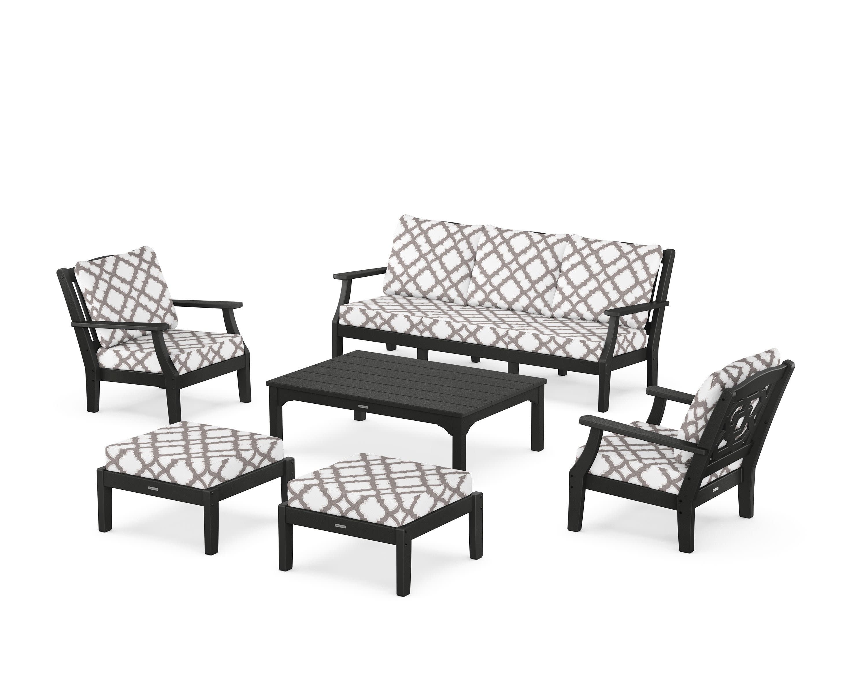 Chinoiserie 6-Piece Lounge Sofa Set in Black / Trellis Grey Mist