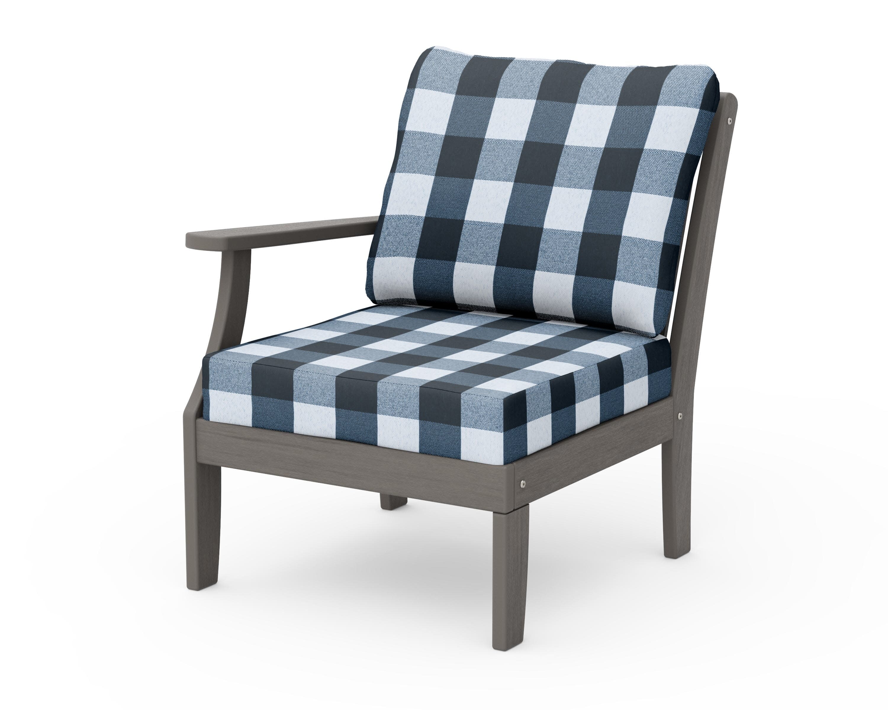Braxton Modular Left Arm Chair in Driftwood / Buffalo Plaid Marine Indigo