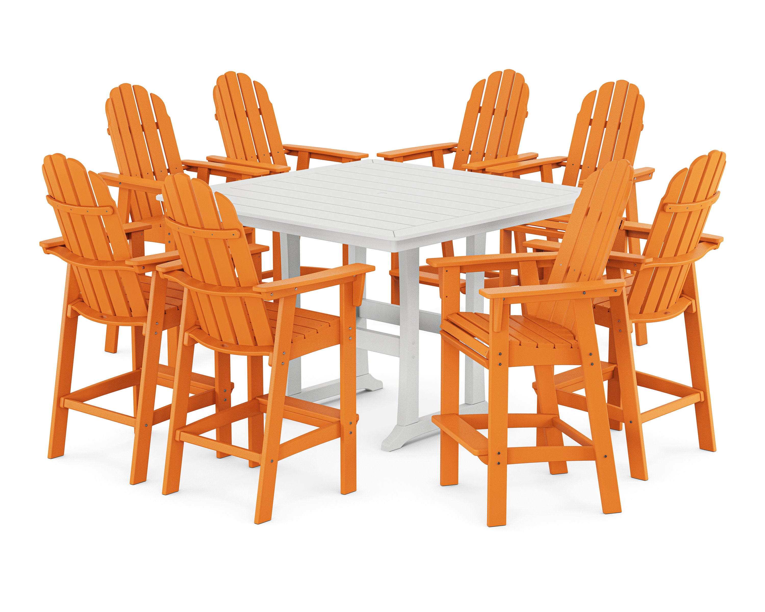 Vineyard Curveback Adirondack 9-Piece Trestle Bar Set in Tangerine / White