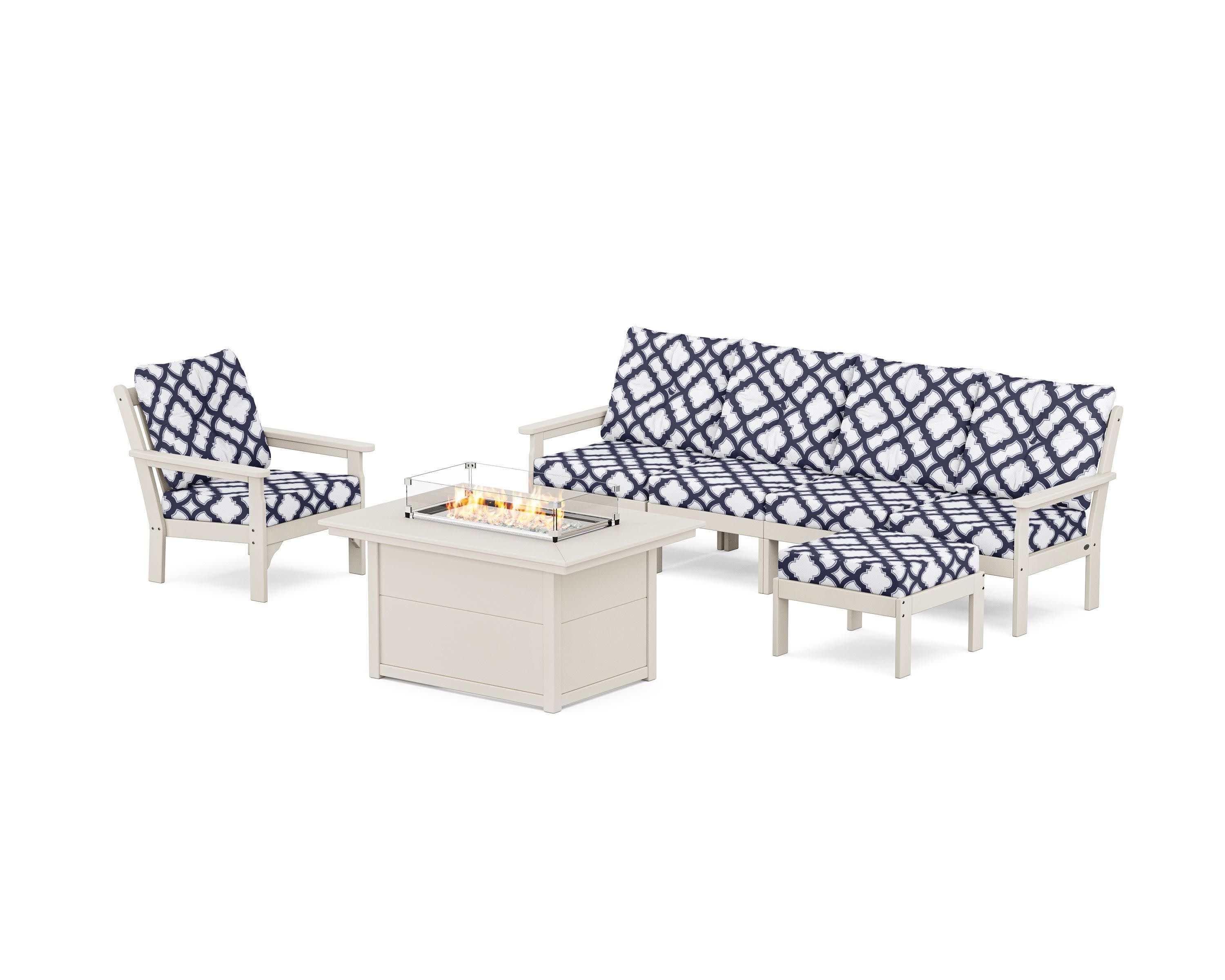 Vineyard Sectional Lounge and Fire Pit Set in Sand / Trellis Navy