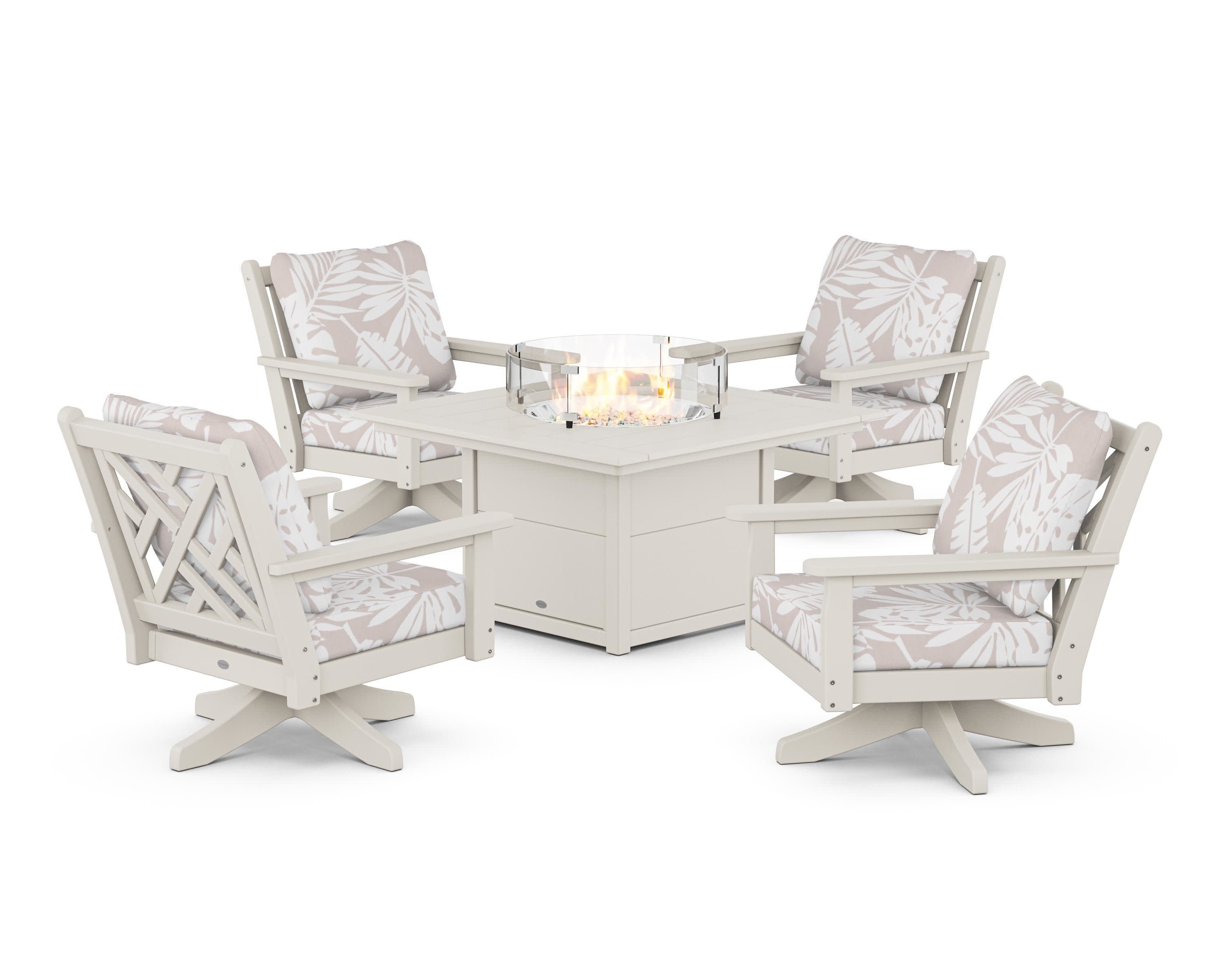 Chippendale 5-Piece Deep Seating Swivel Conversation Set with Fire Pit Table in Sand / Leaf Dune Burlap