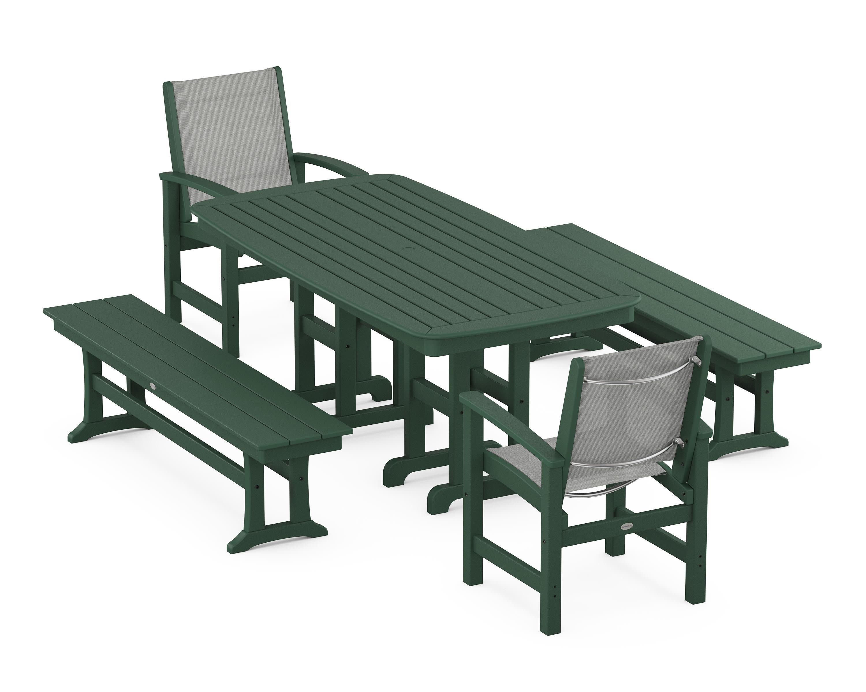 Coastal 5-Piece Dining Set in Green / Metallic Sling