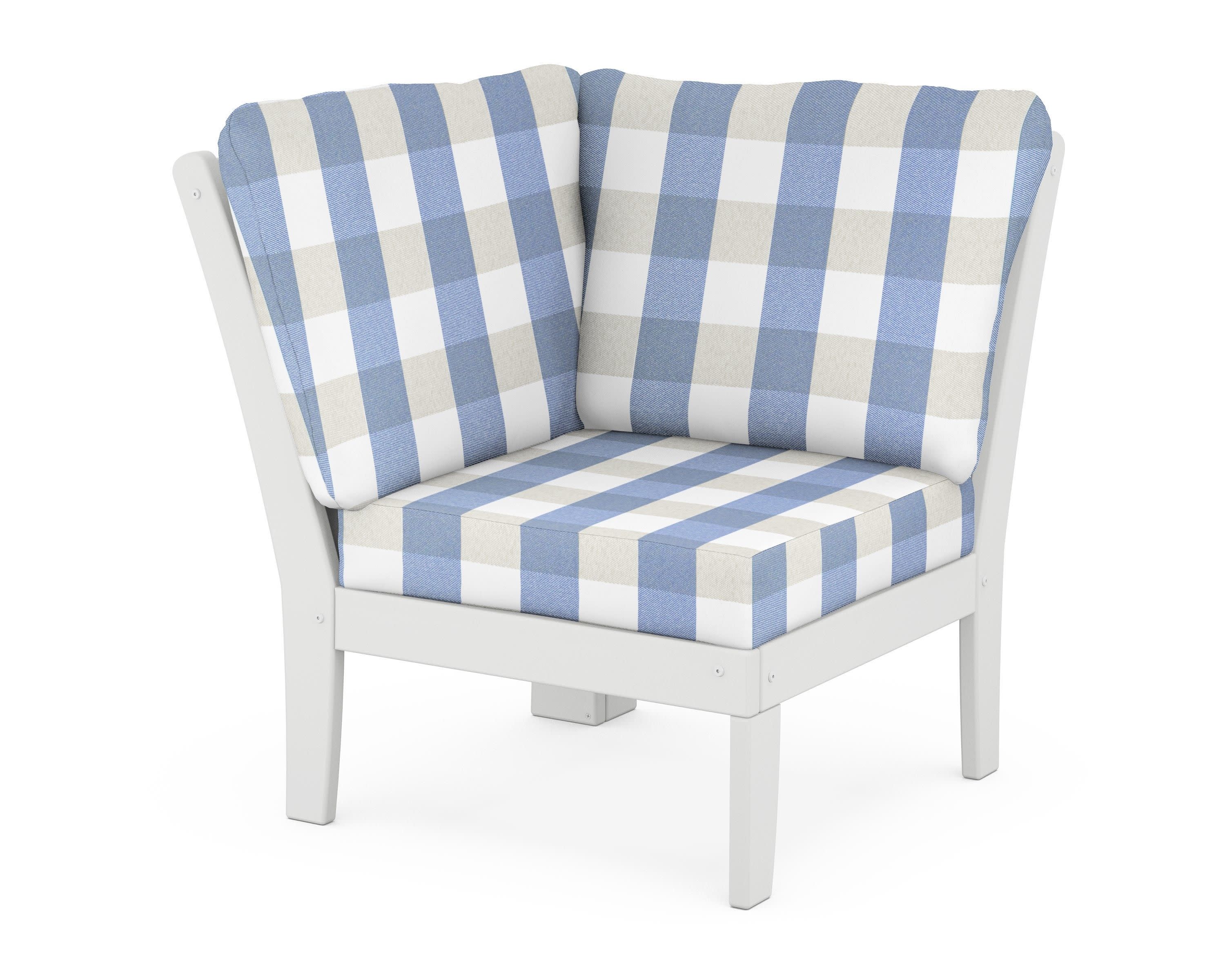 Braxton Modular Corner Chair in White / Buffalo Plaid Sky Blue