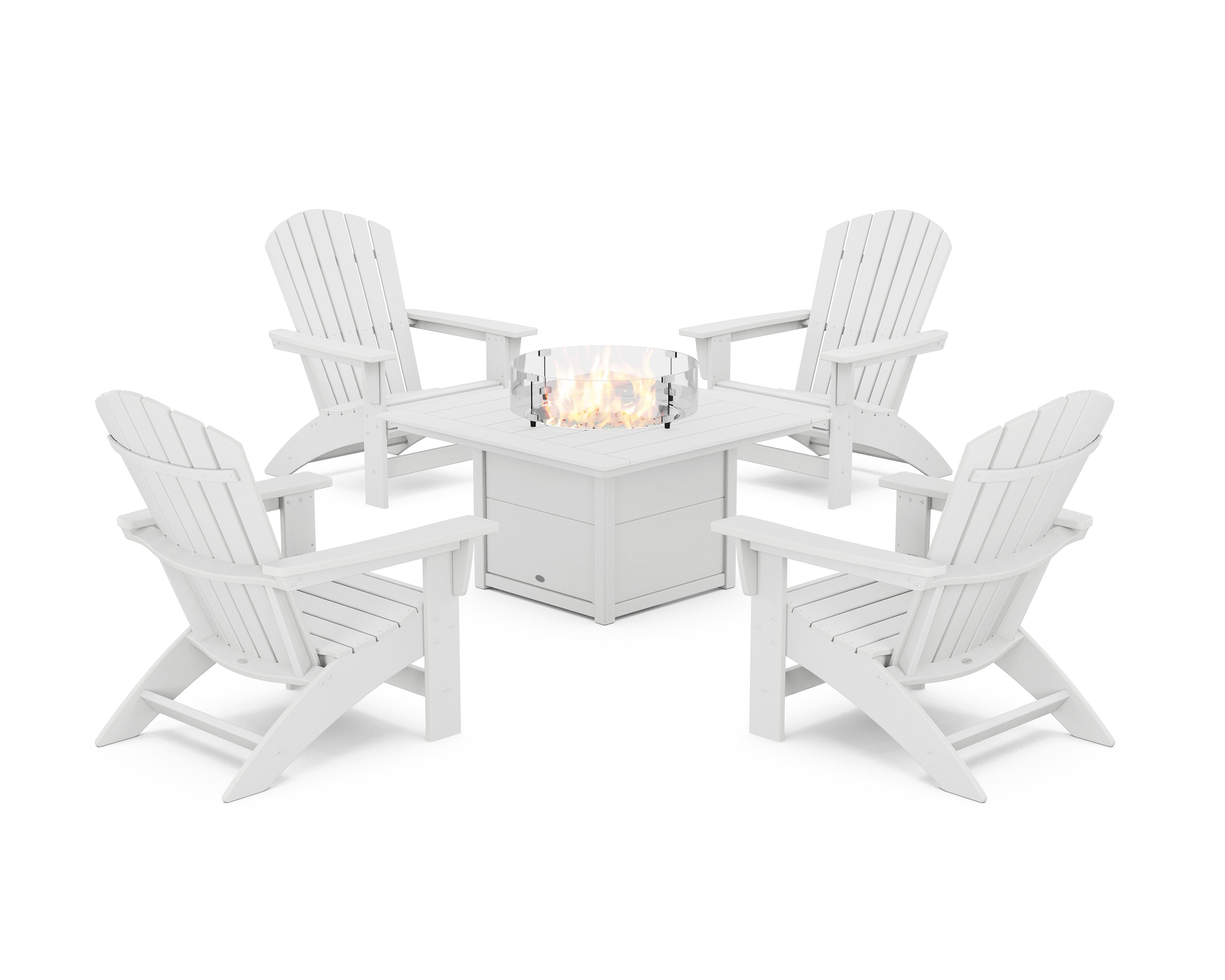 5-Piece Nautical Grand Adirondack Conversation Set with Fire Pit Table in White