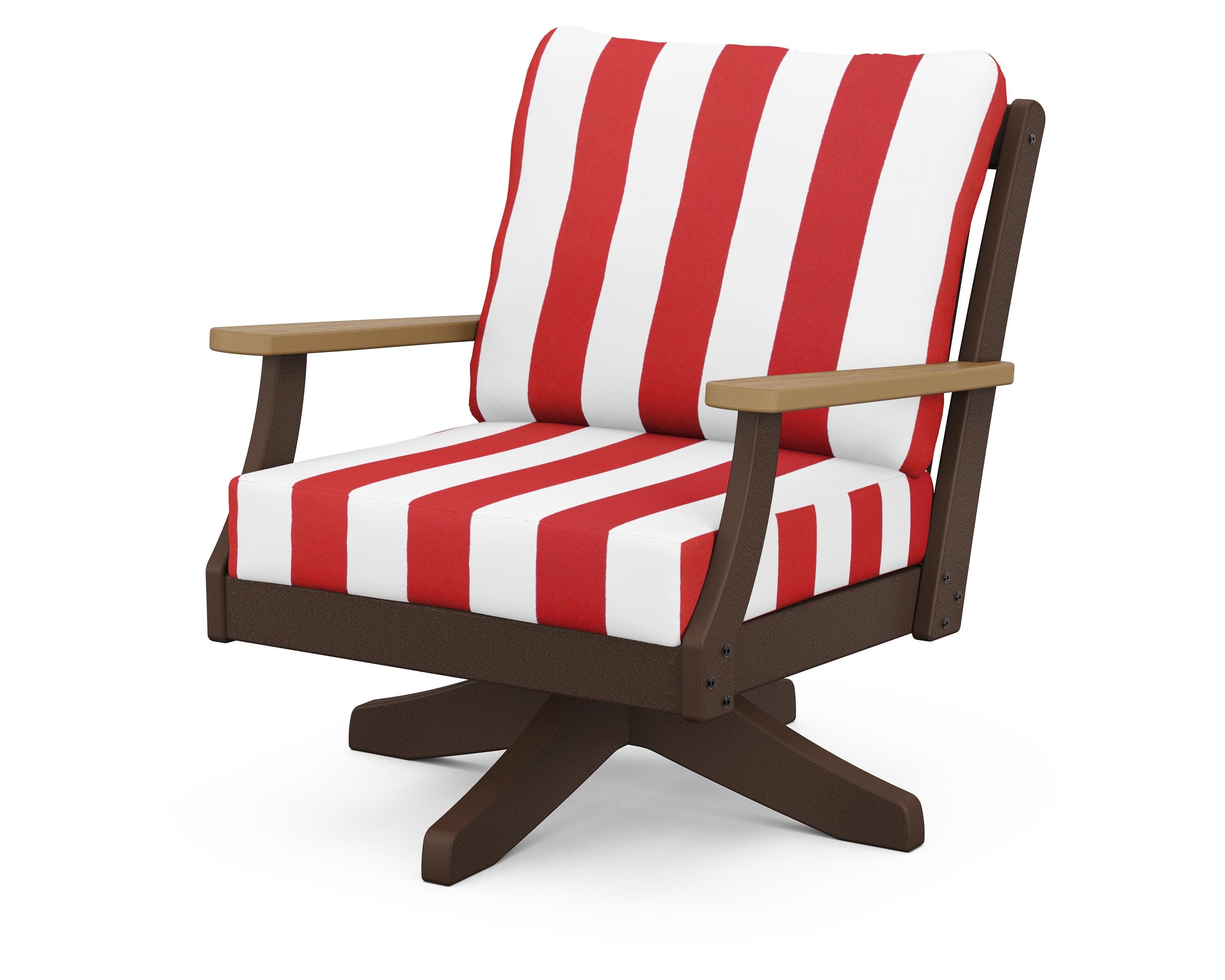 Braxton Deep Seating Swivel Chair in Mahogany / Natural / Cabana Stripe Crimson