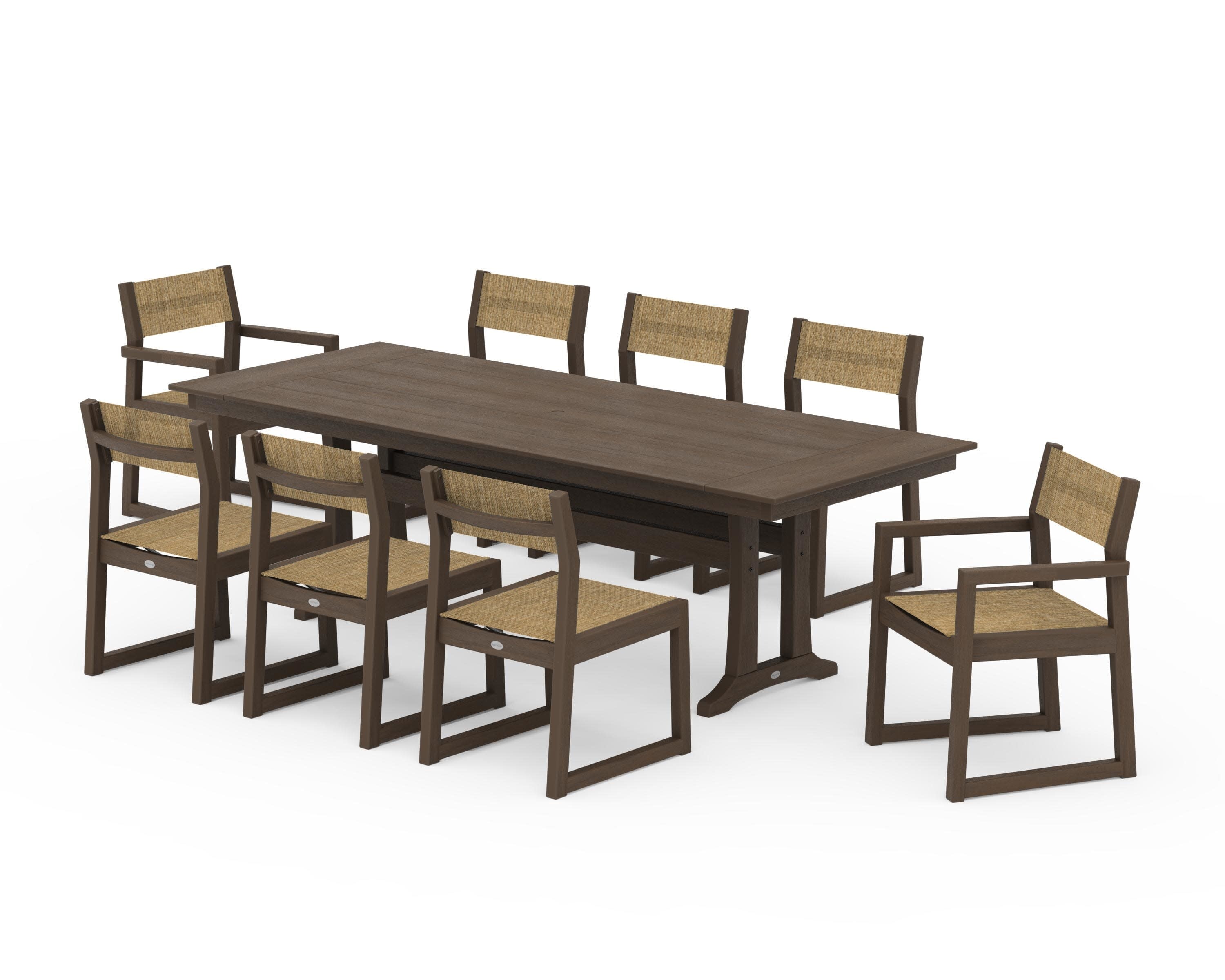 EDGE Sling 9-Piece Farmhouse Trestle Dining Set in Kona / Burlap Sling