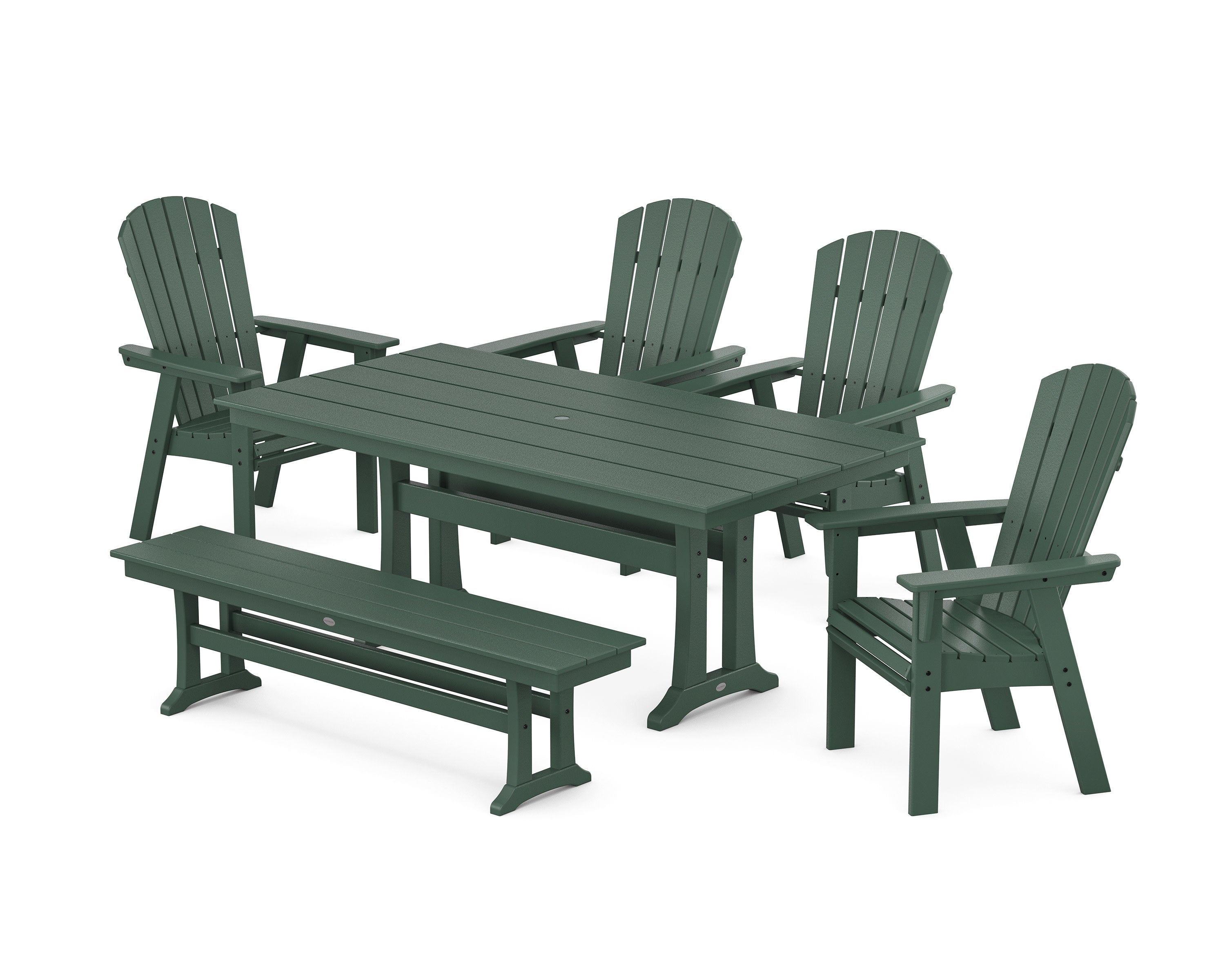 Nautical Curveback Adirondack 6-Piece Farmhouse Dining Set with Trestle Legs and Bench in Green