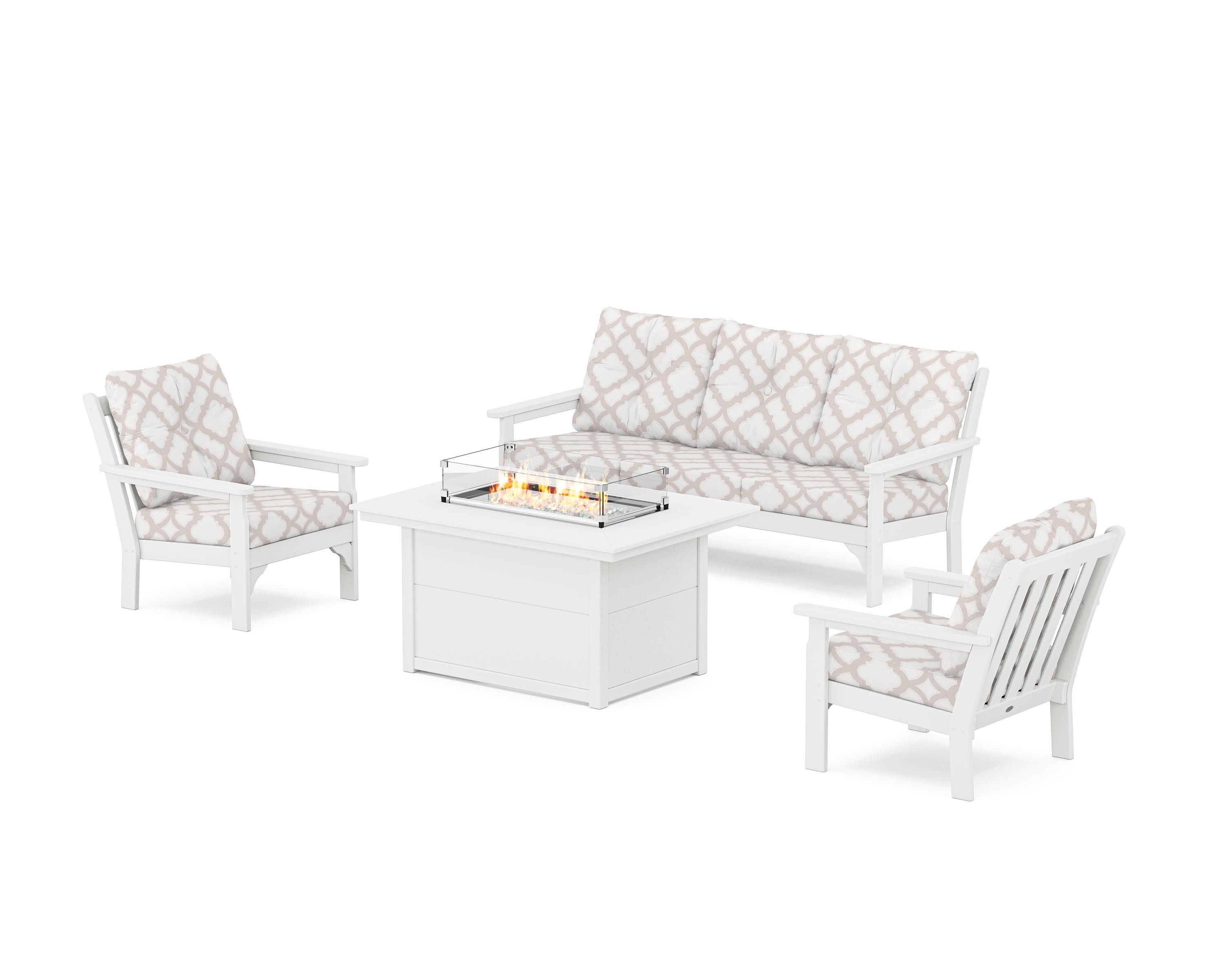 Vineyard Deep Seating Fire Pit Table Set in White / Trellis Dune Burlap
