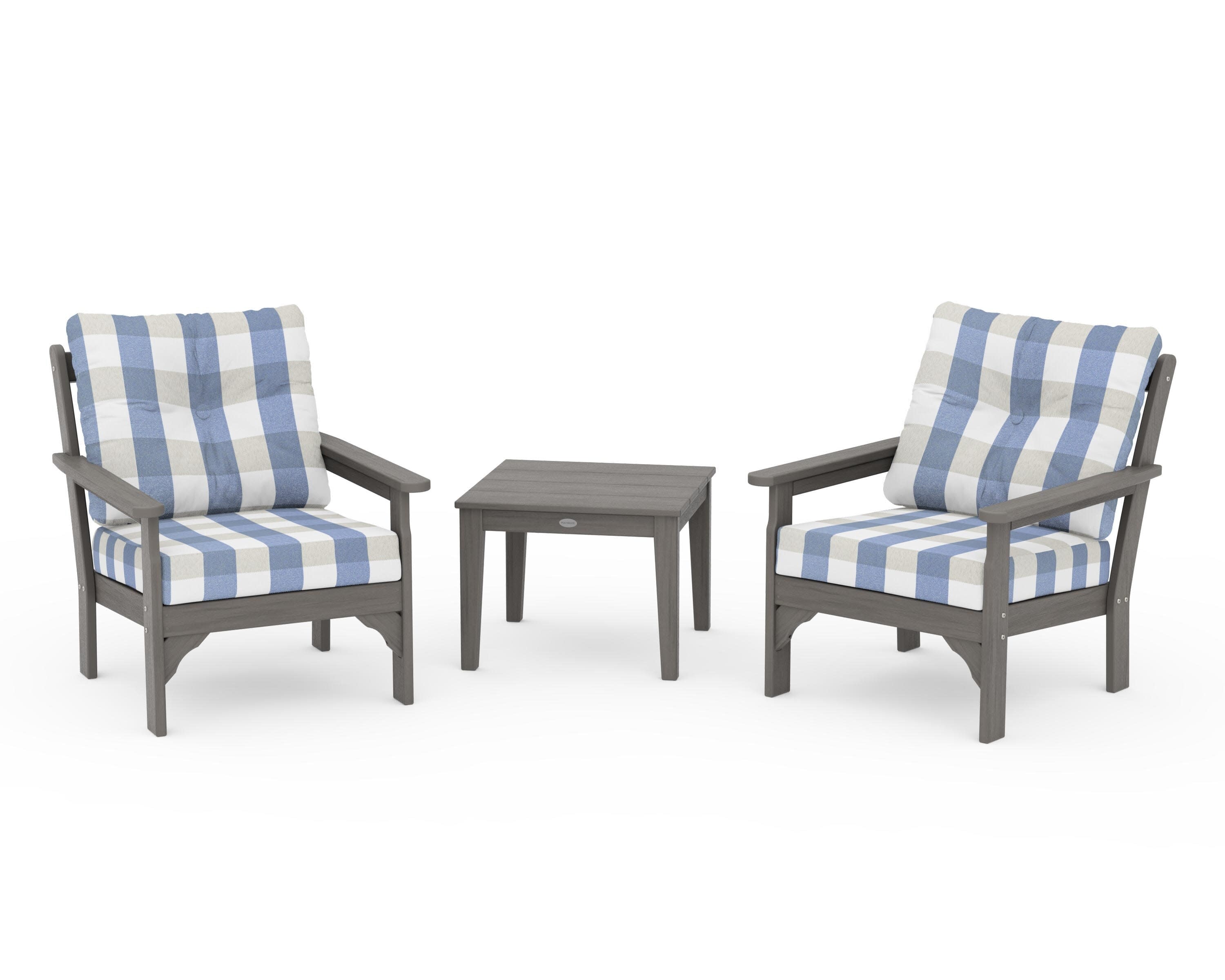 Vineyard 3-Piece Deep Seating Set in Driftwood / Buffalo Plaid Sky Blue