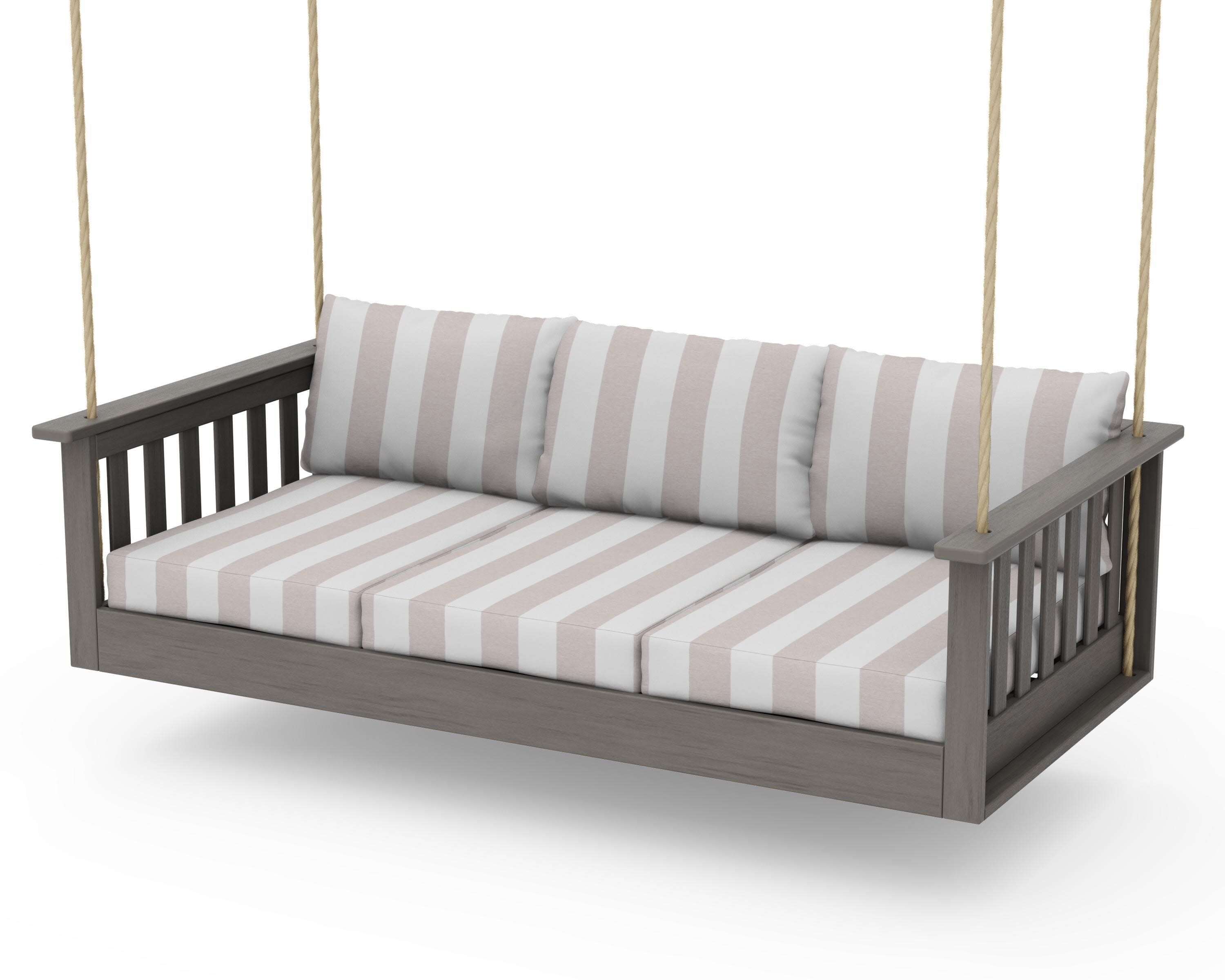 Vineyard Daybed Swing in Driftwood / Cabana Stripe Dune Burlap