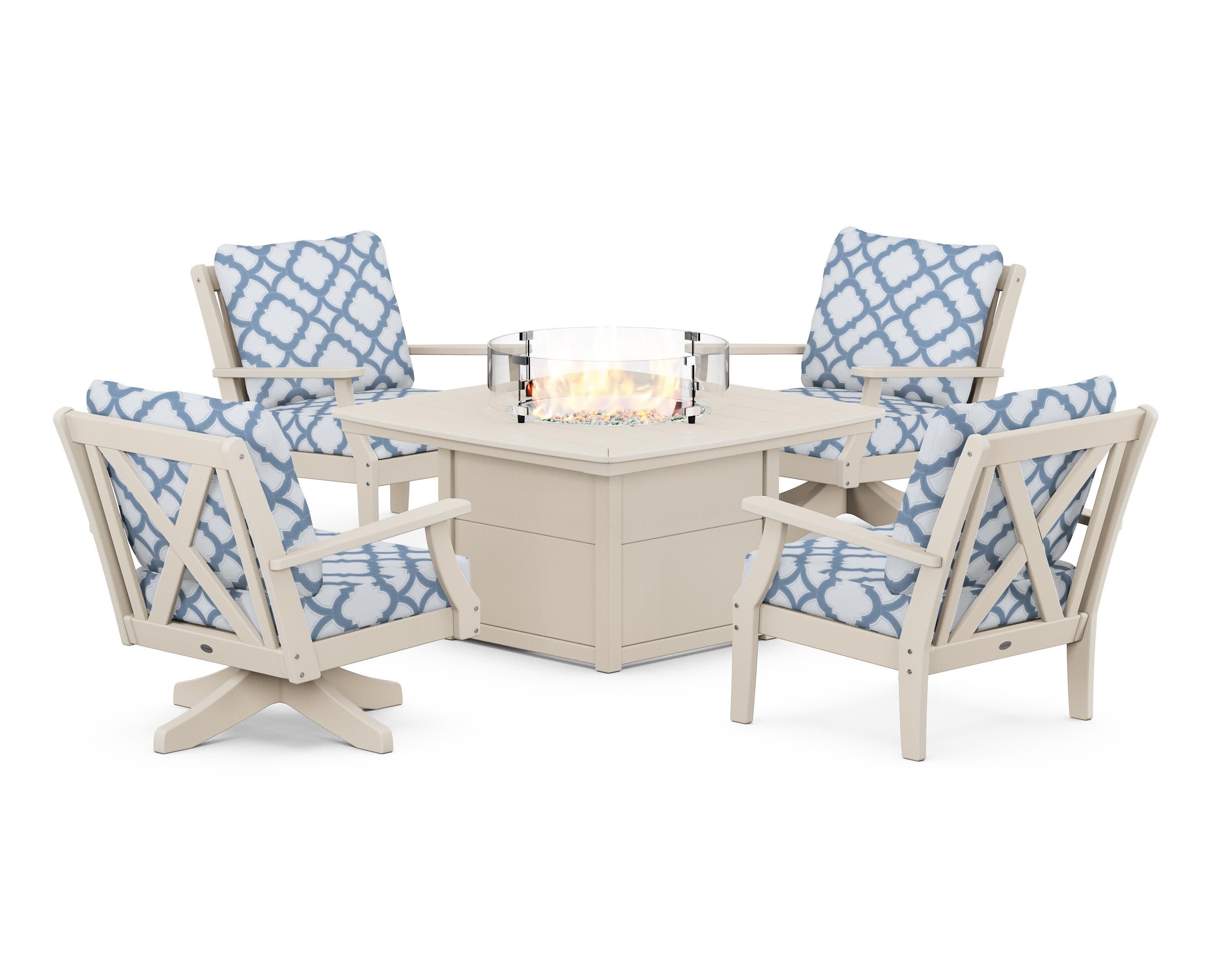 Braxton 5-Piece Deep Seating Set with Fire Table in Sand / Trellis Sky Blue