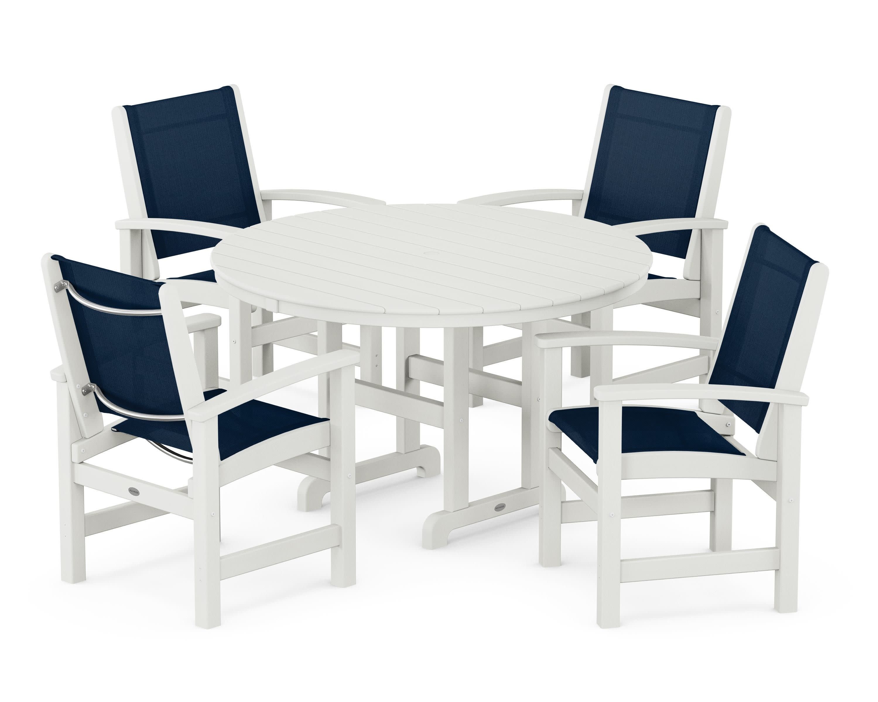 Coastal 5-Piece Round Farmhouse Dining Set in Vintage White / Navy Blue Sling