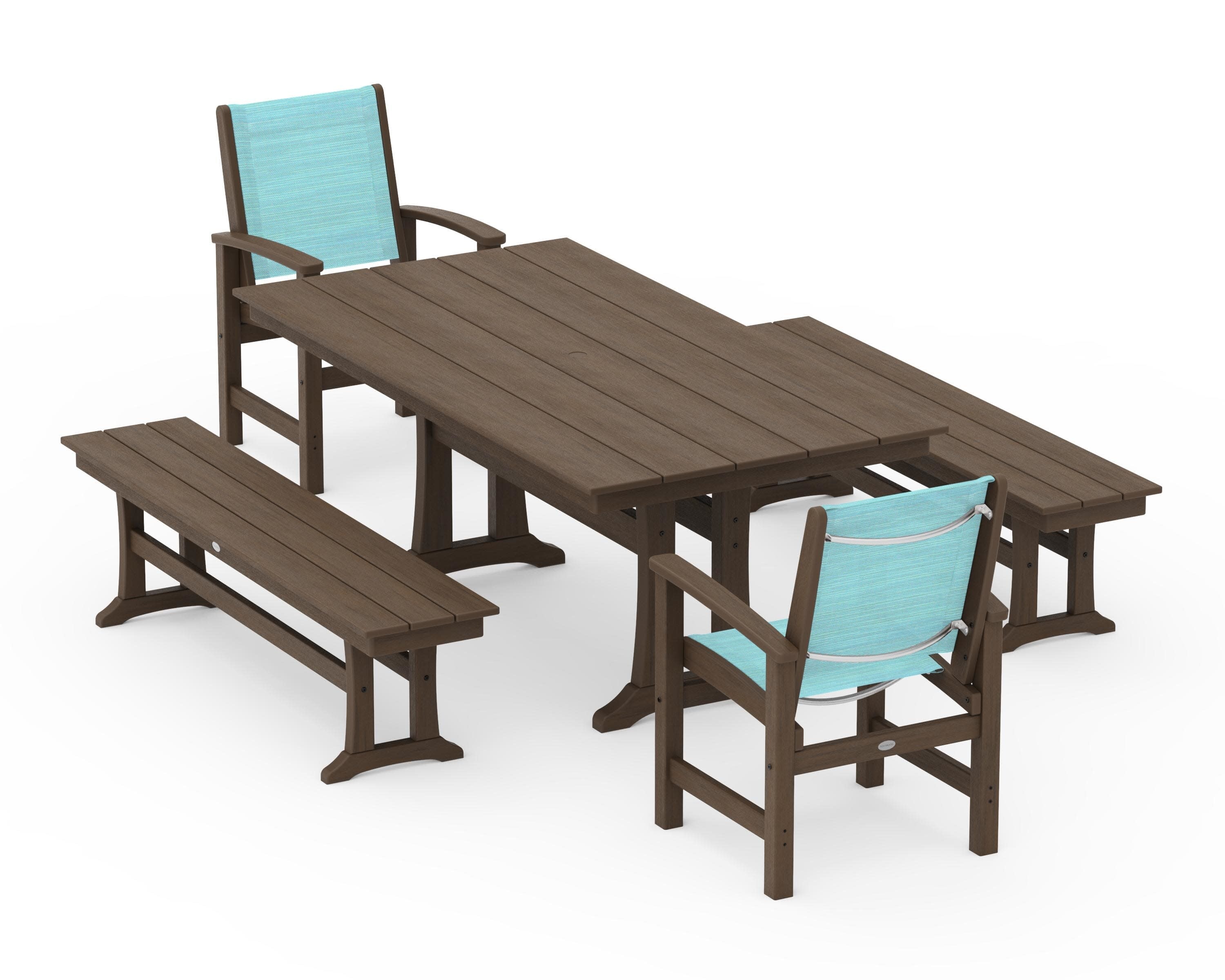 Coastal 5-Piece Farmhouse Dining Set with Trestle Legs and Benches in Kona / Dupioni Aquamarine Sling