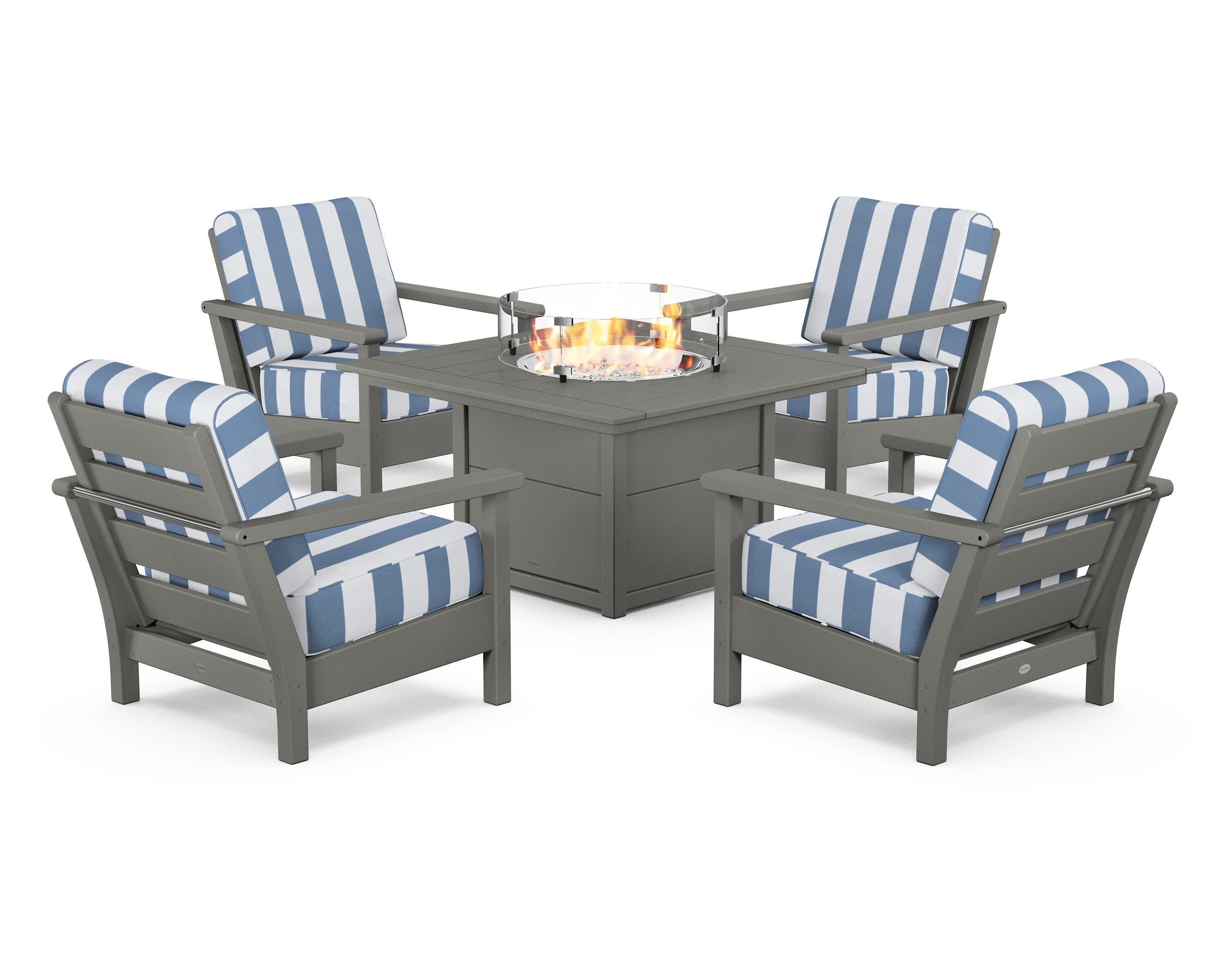 Harbour 5-Piece Conversation Set with Fire Pit Table in Slate Grey / Cabana Stripe Sky Blue