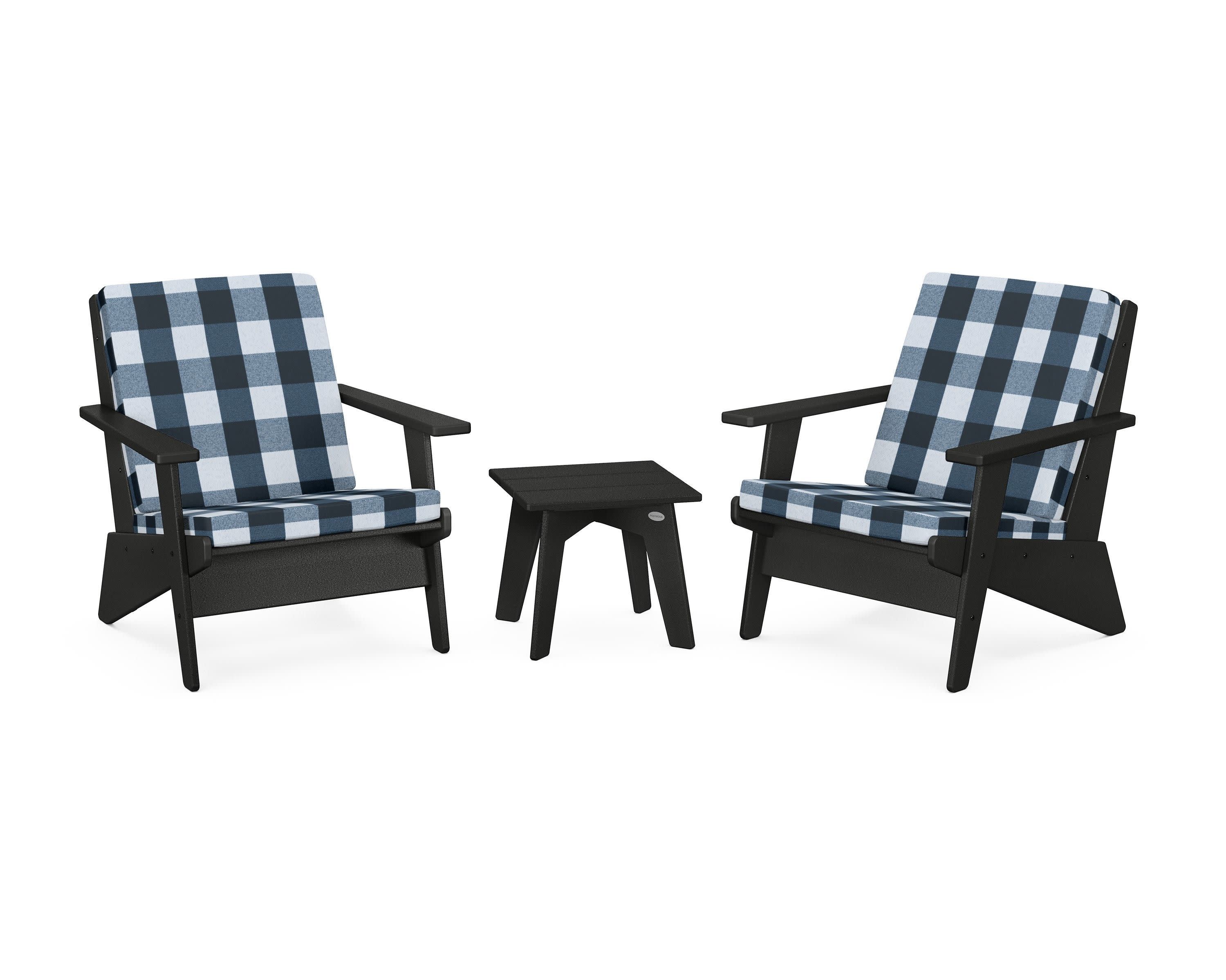Riviera Modern Lounge 3-Piece Set in Black / Buffalo Plaid Marine Indigo