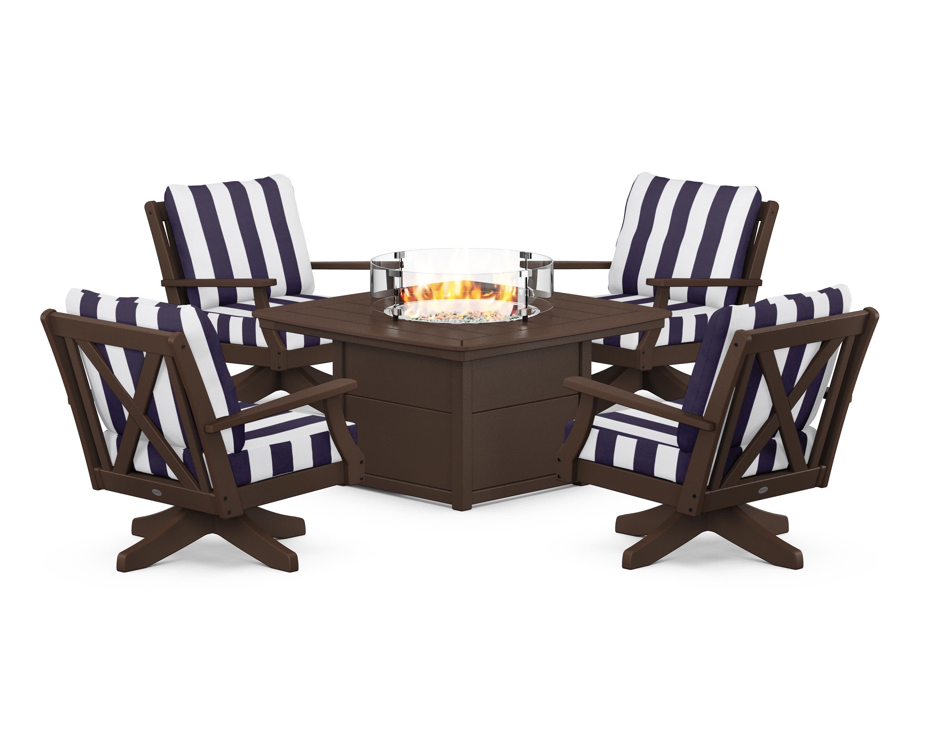 Braxton 5-Piece Deep Seating Swivel Conversation Set with Fire Pit Table in Mahogany / Cabana Stripe Navy