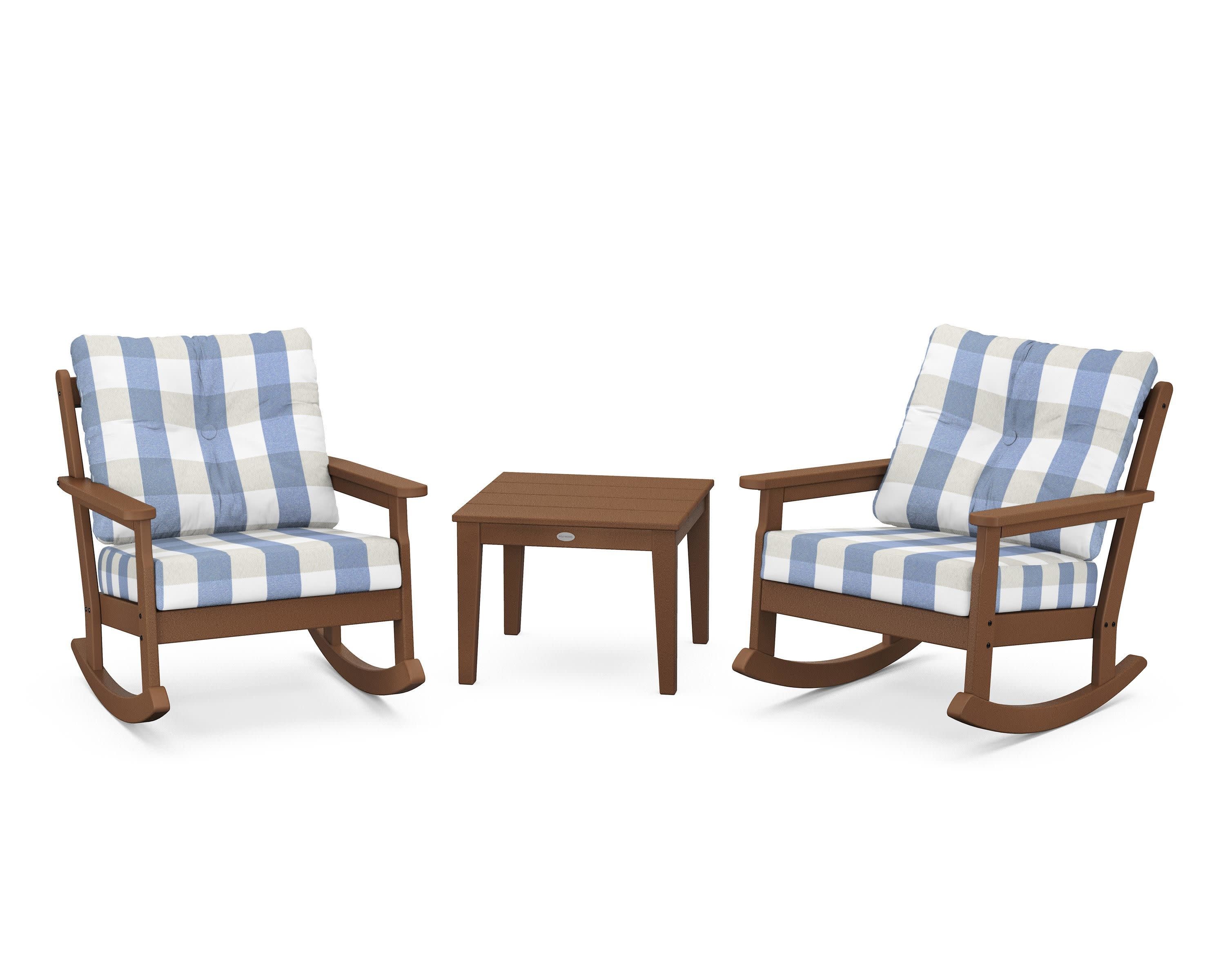 Vineyard 3-Piece Deep Seating Rocker Set in Teak / Buffalo Plaid Sky Blue