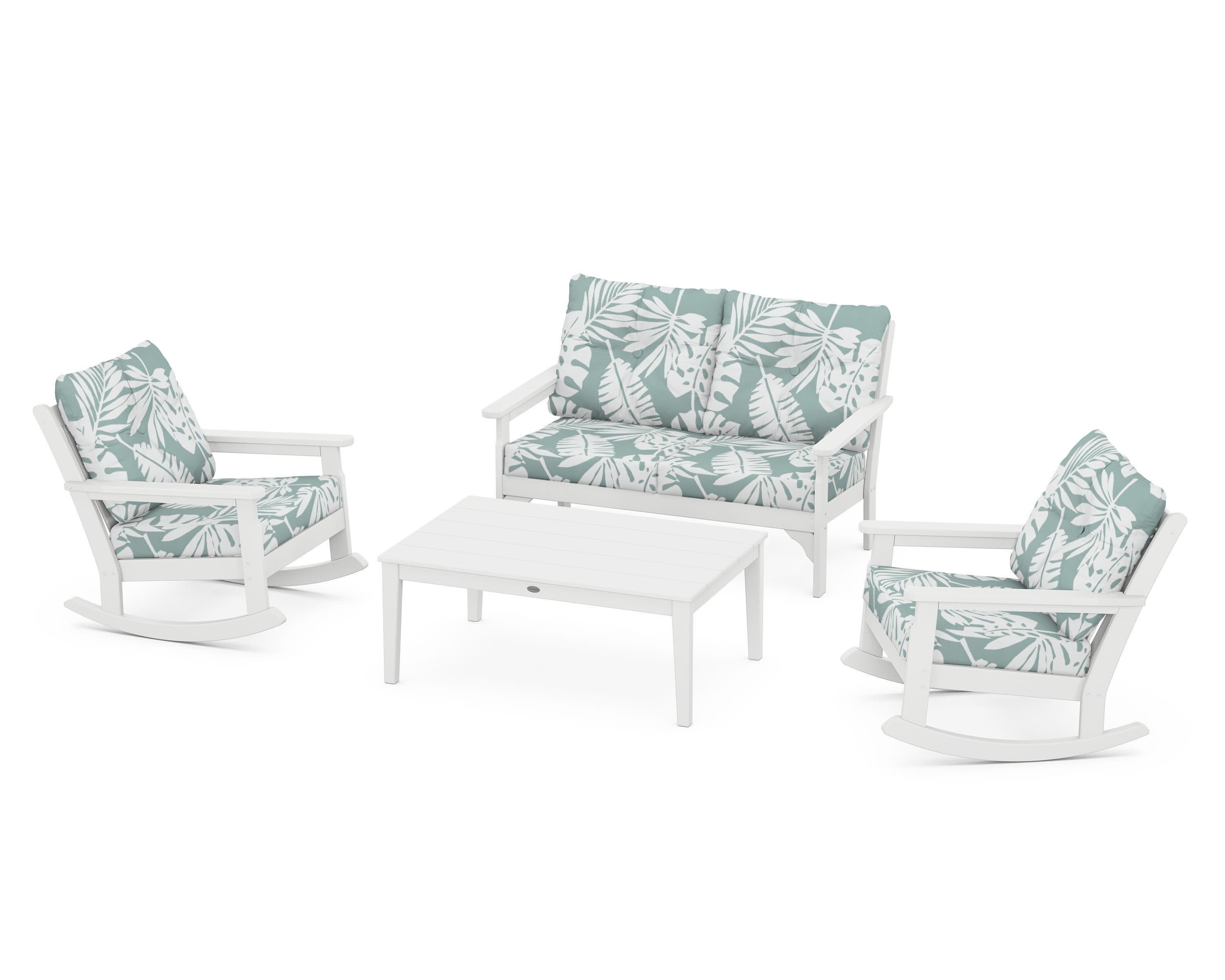 Vineyard 4-Piece Deep Seating Rocking Chair Set in White / Leaf Glacier Spa