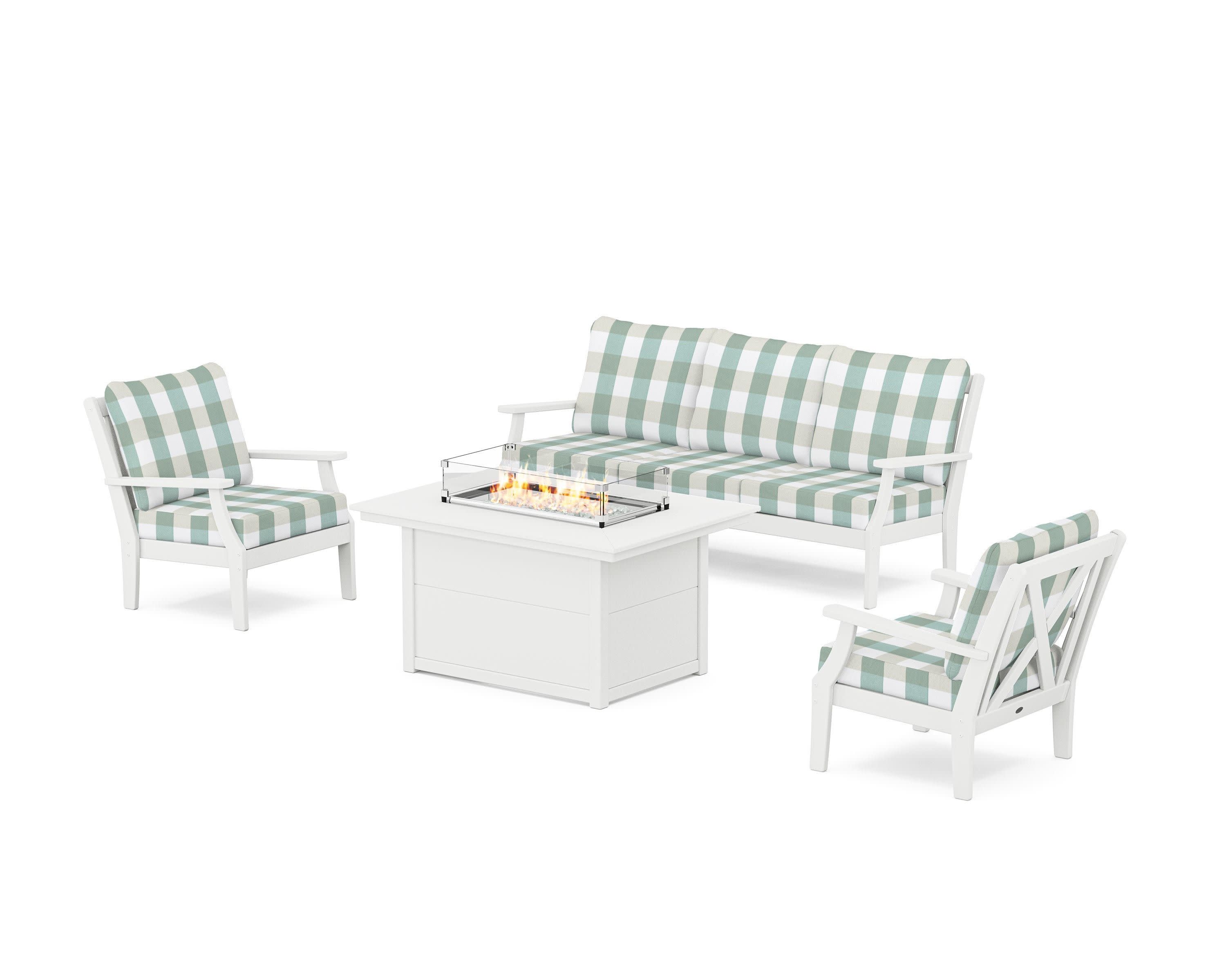 Braxton Deep Seating Fire Pit Table Set in White / Buffalo Plaid Glacier Spa