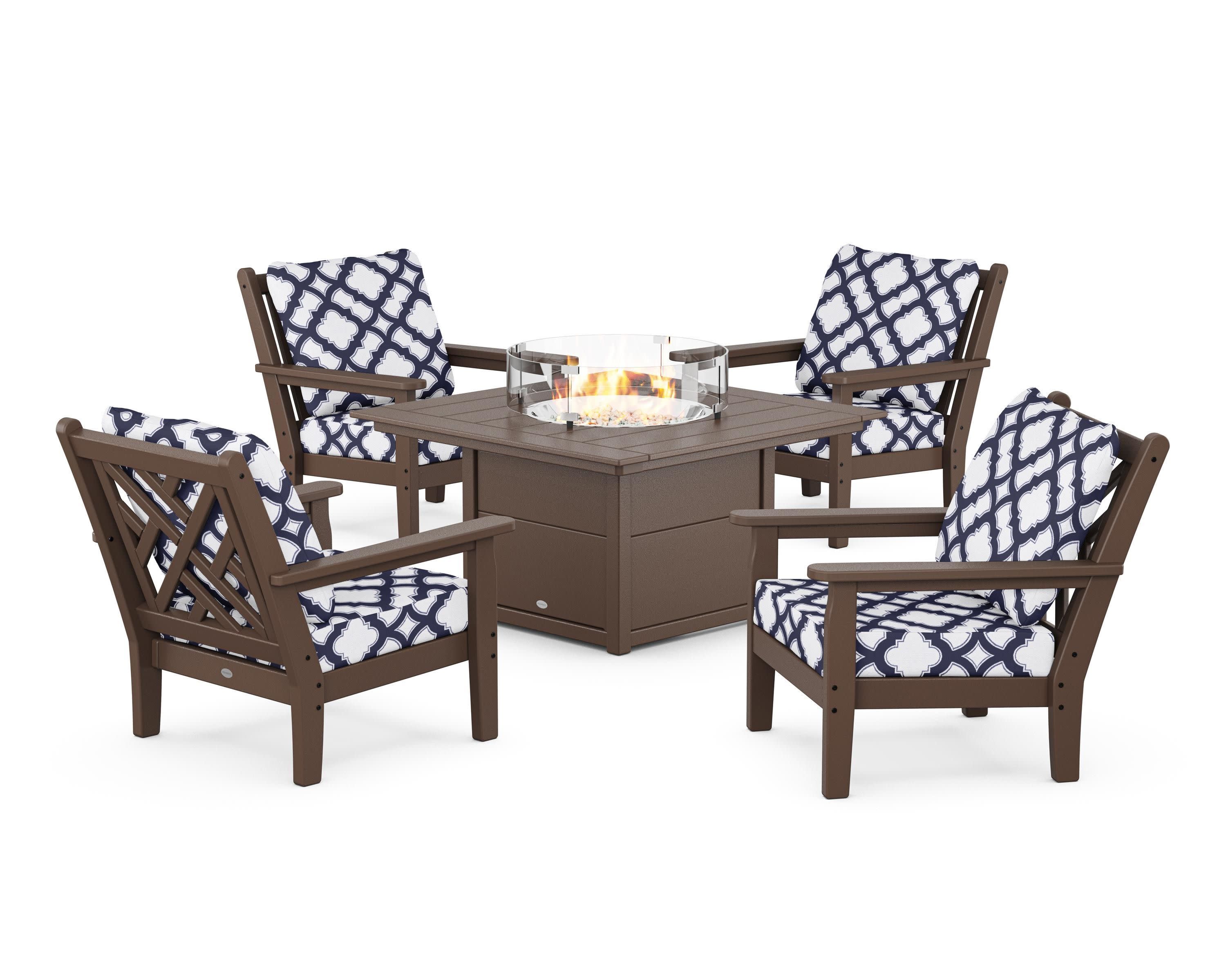 Chippendale 5-Piece Deep Seating Set with Fire Pit Table in Mahogany / Trellis Navy