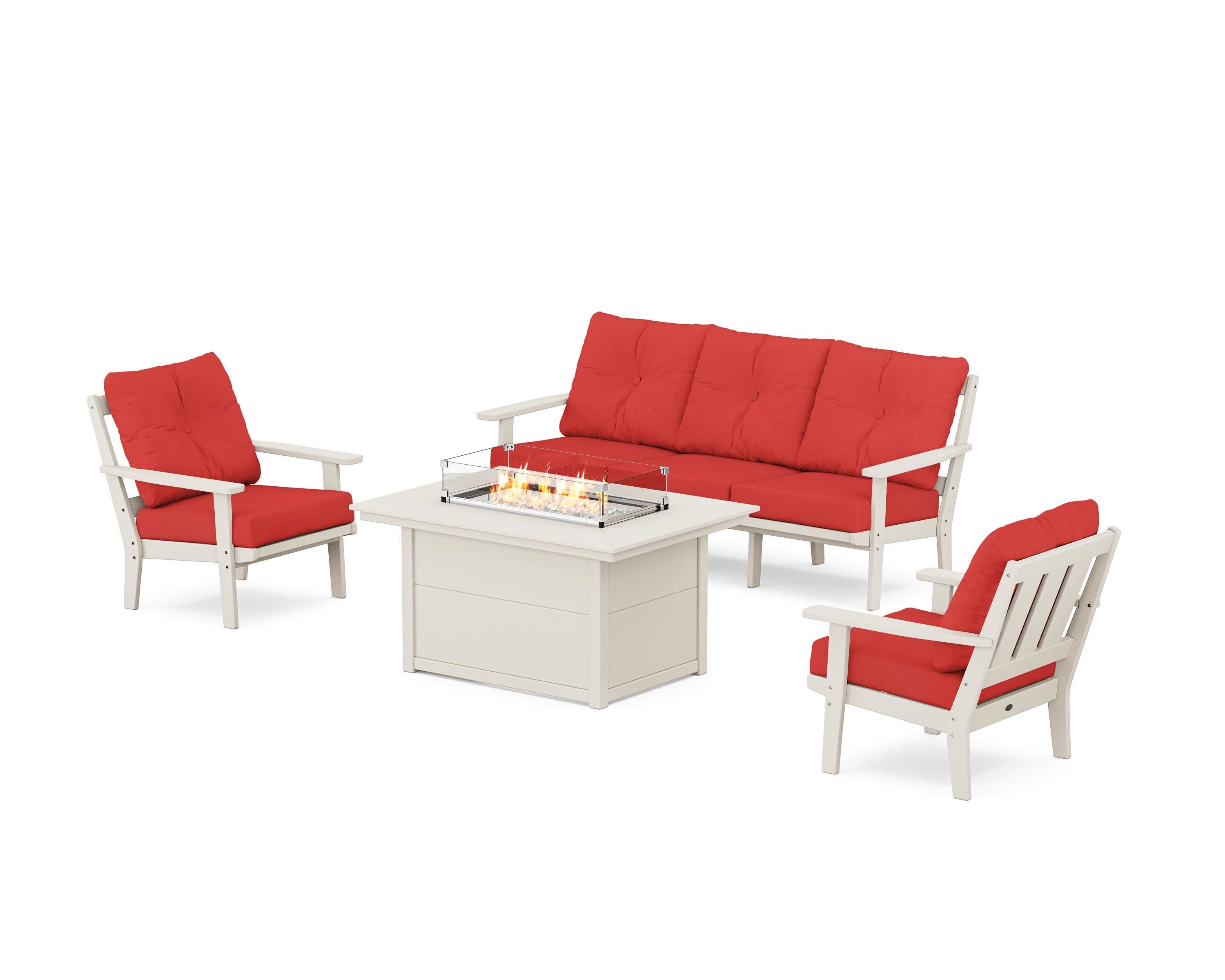 Oxford Deep Seating Fire Pit Table Set in Sand / Crimson Linen