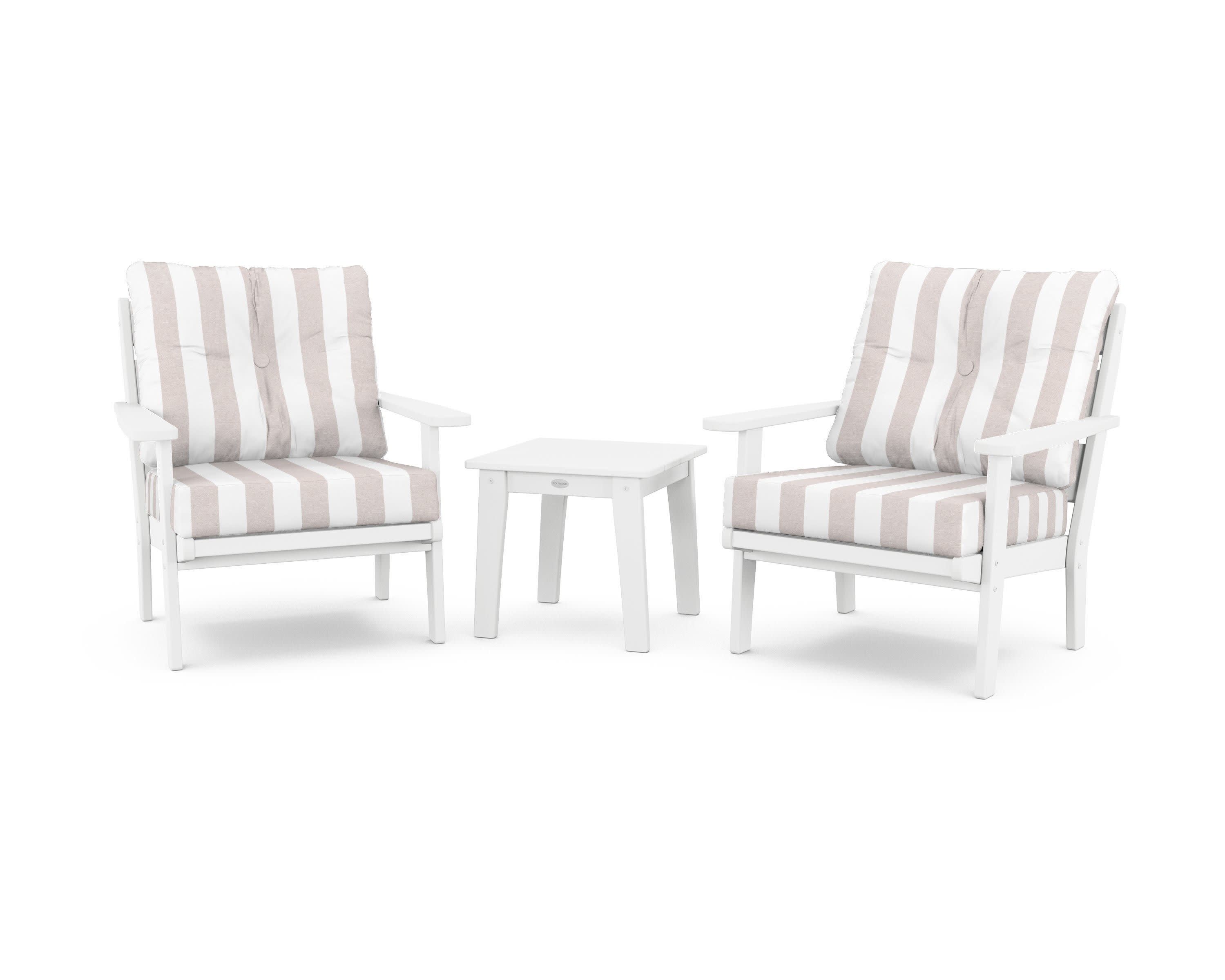 Lakeside 3-Piece Deep Seating Chair Set in White / Cabana Stripe Dune Burlap