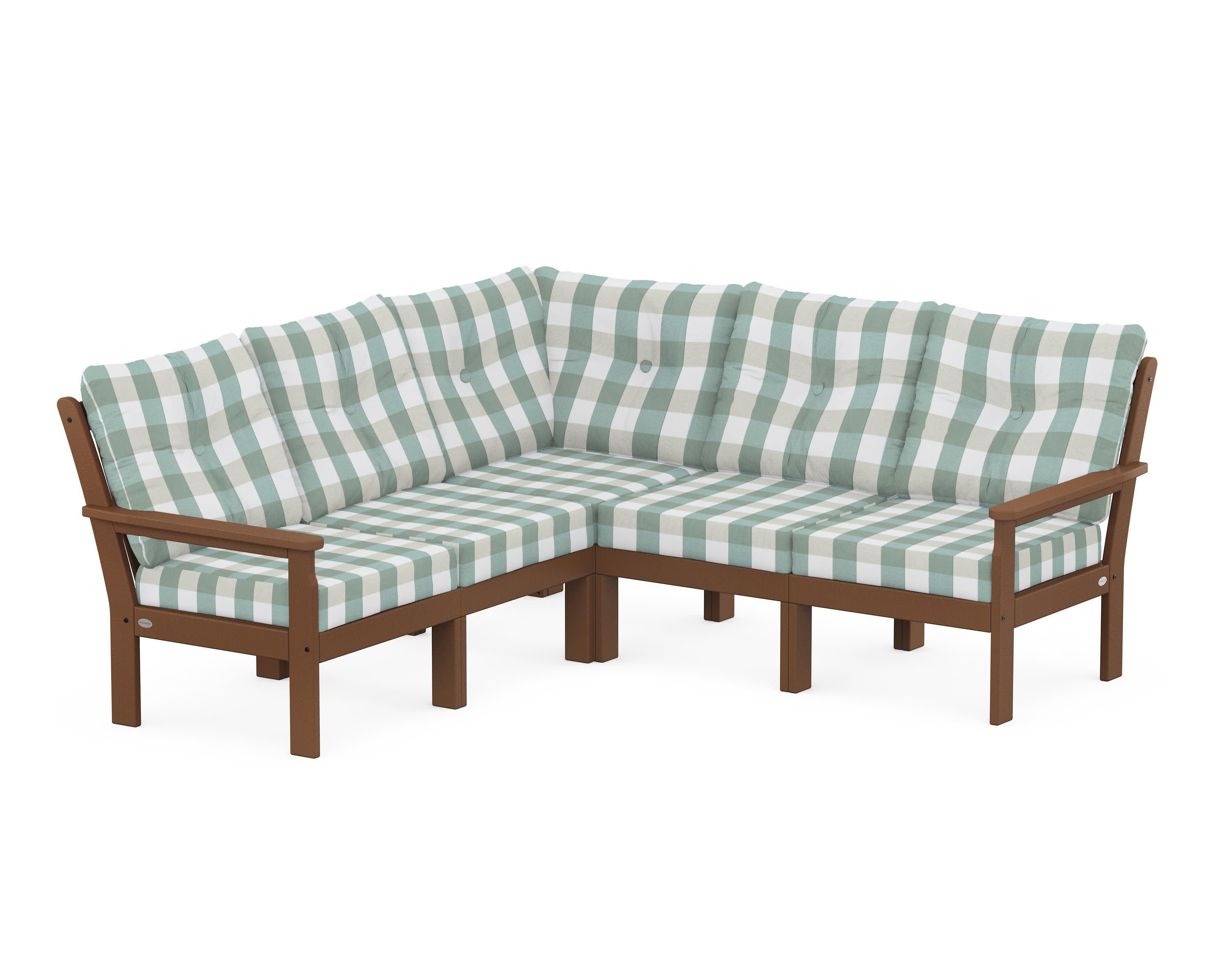 Vineyard 5-Piece Sectional in Teak / Buffalo Plaid Glacier Spa