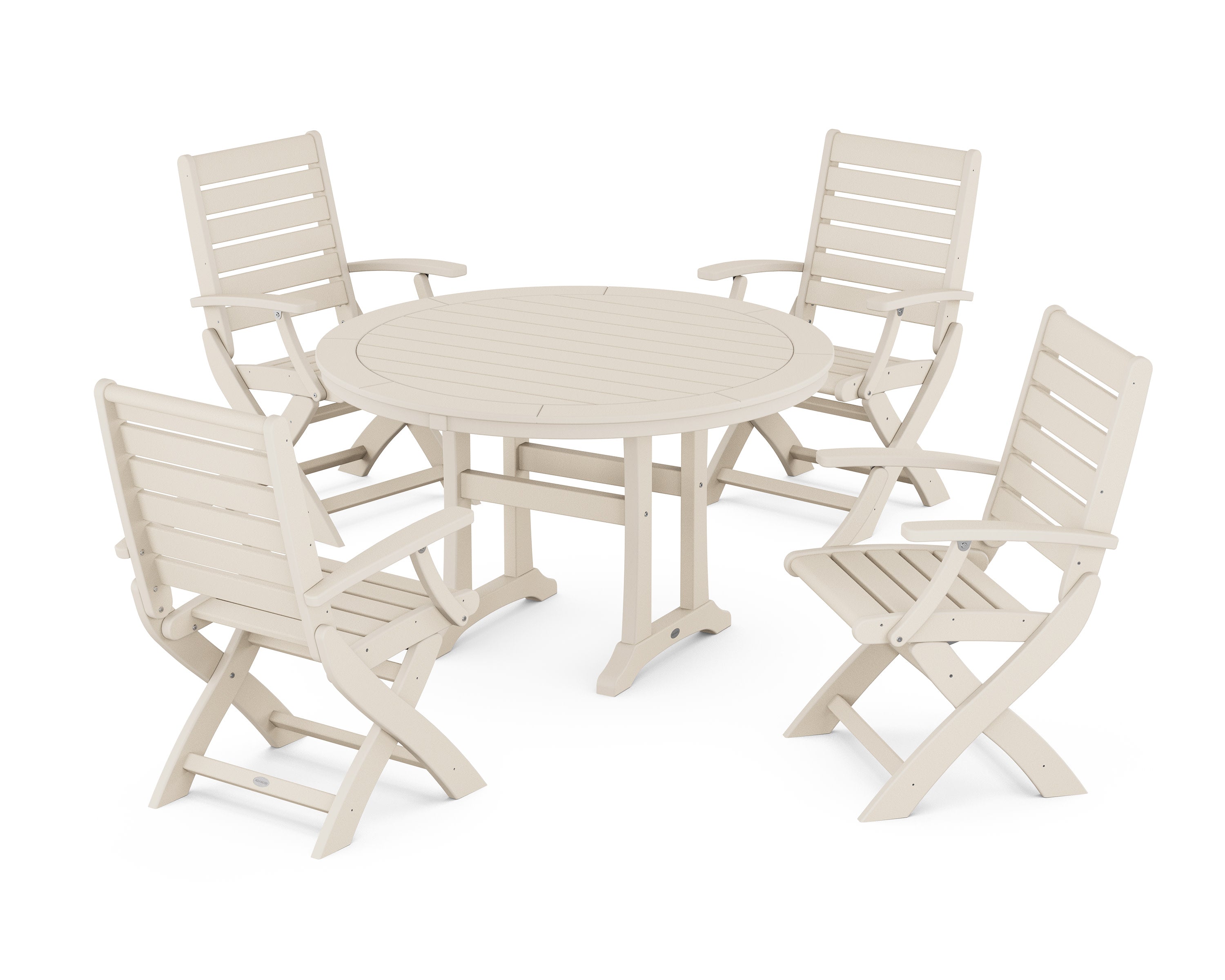 Signature Folding Chair 5-Piece Round Dining Set with Trestle Legs in Sand